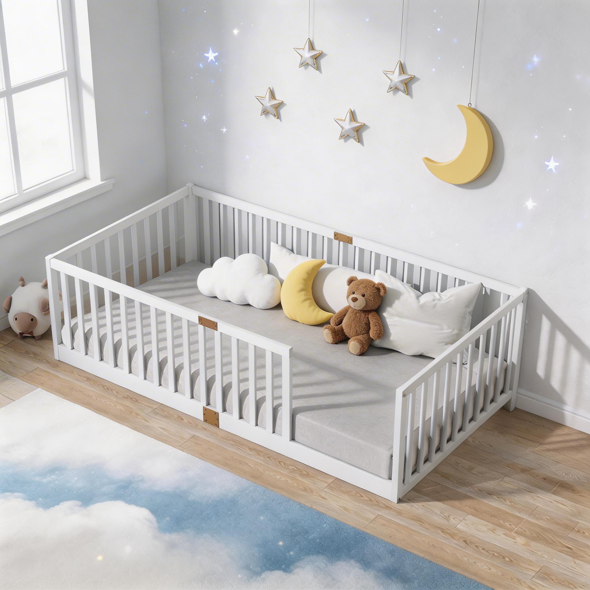 Sailvan Twin Floor Bed with High Fence Railings, Solid Rubber Wood Kids Platform Bed Frame White