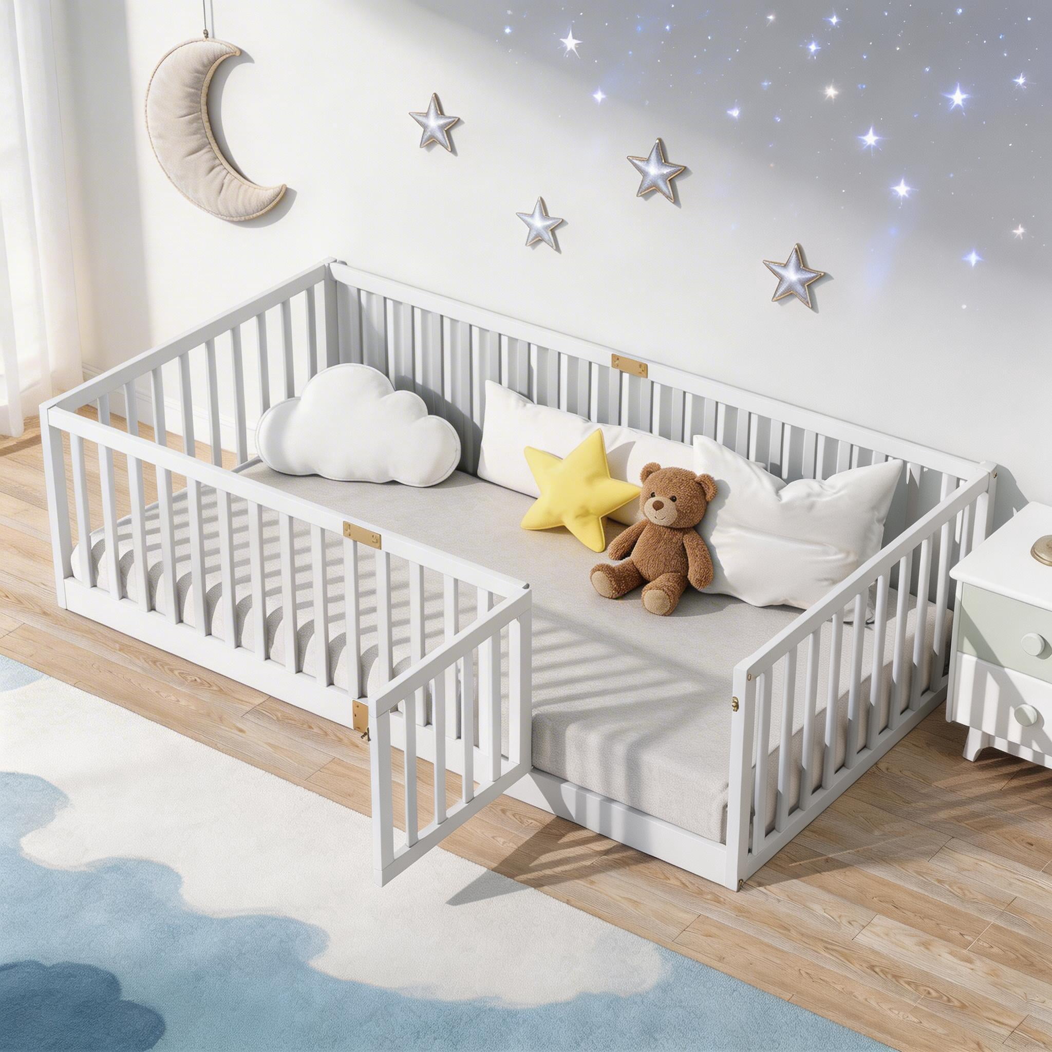 Sailvan Twin Floor Bed with High Fence Railings and Door,Solid Rubber Wood Kids Platform Bed Frame White