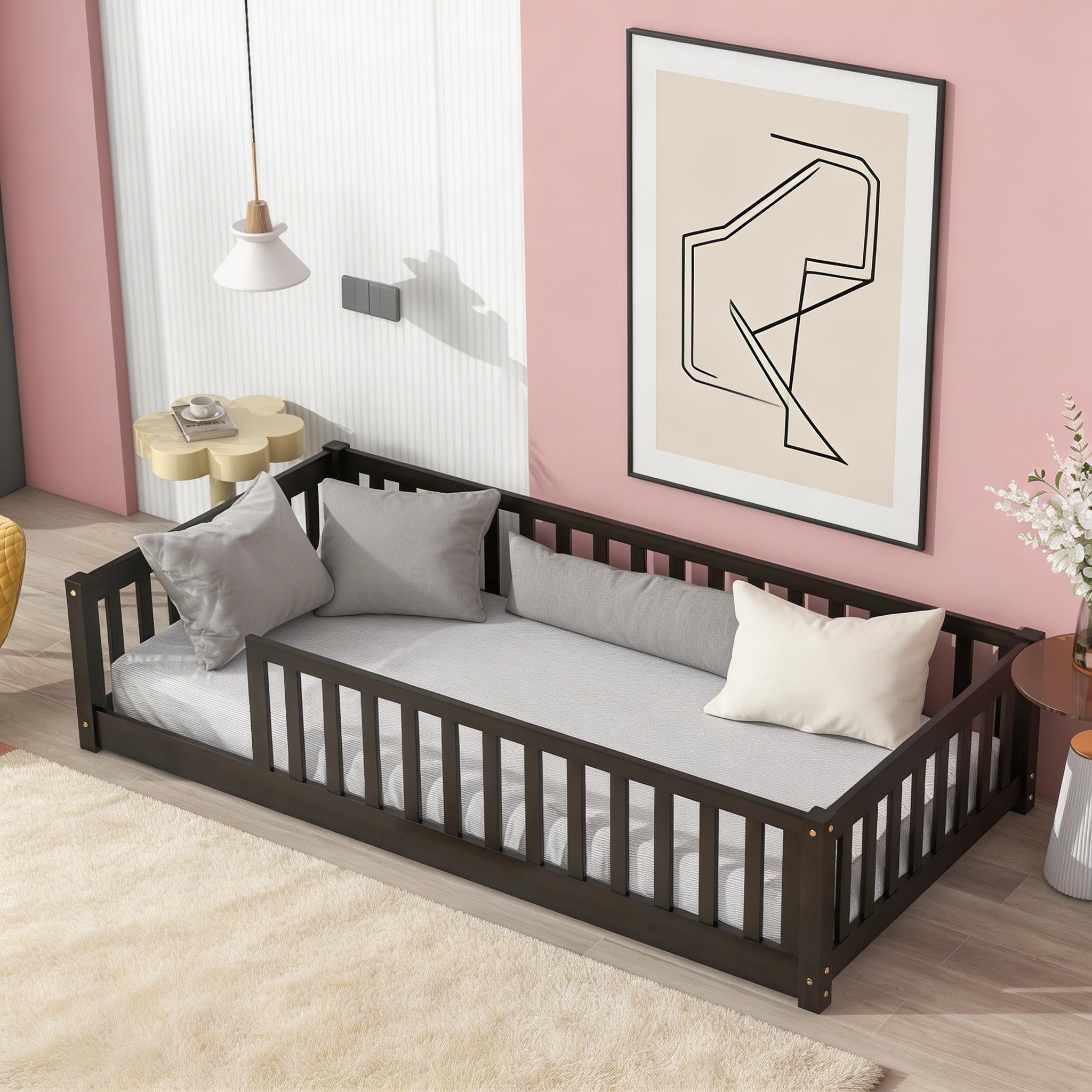 Sailvan Twin Floor Bed with Safety Guardrails,Solid Rubber Wood Fence Kids Bed Frame Espresso