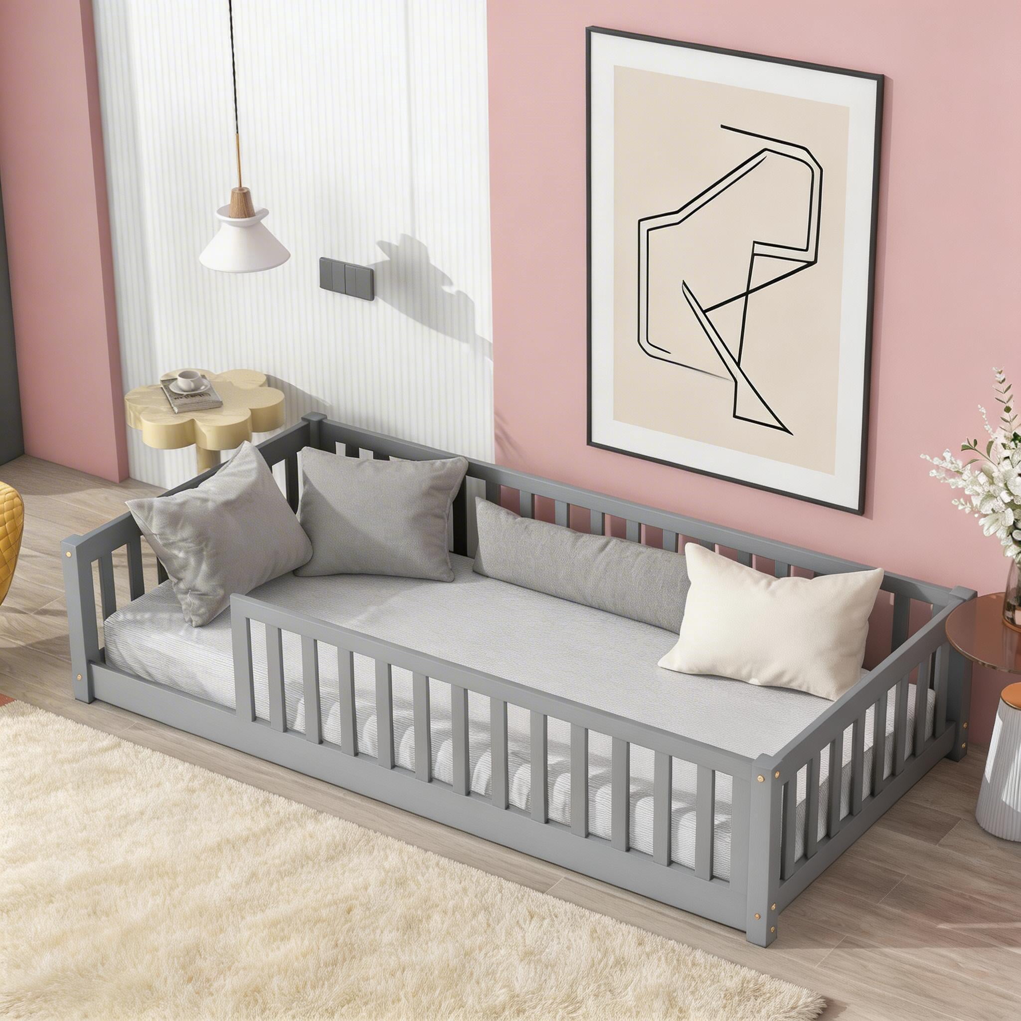 Sailvan Twin Floor Bed with Safety Guardrails,Solid Rubber Wood Fence Kids Bed Frame Grey
