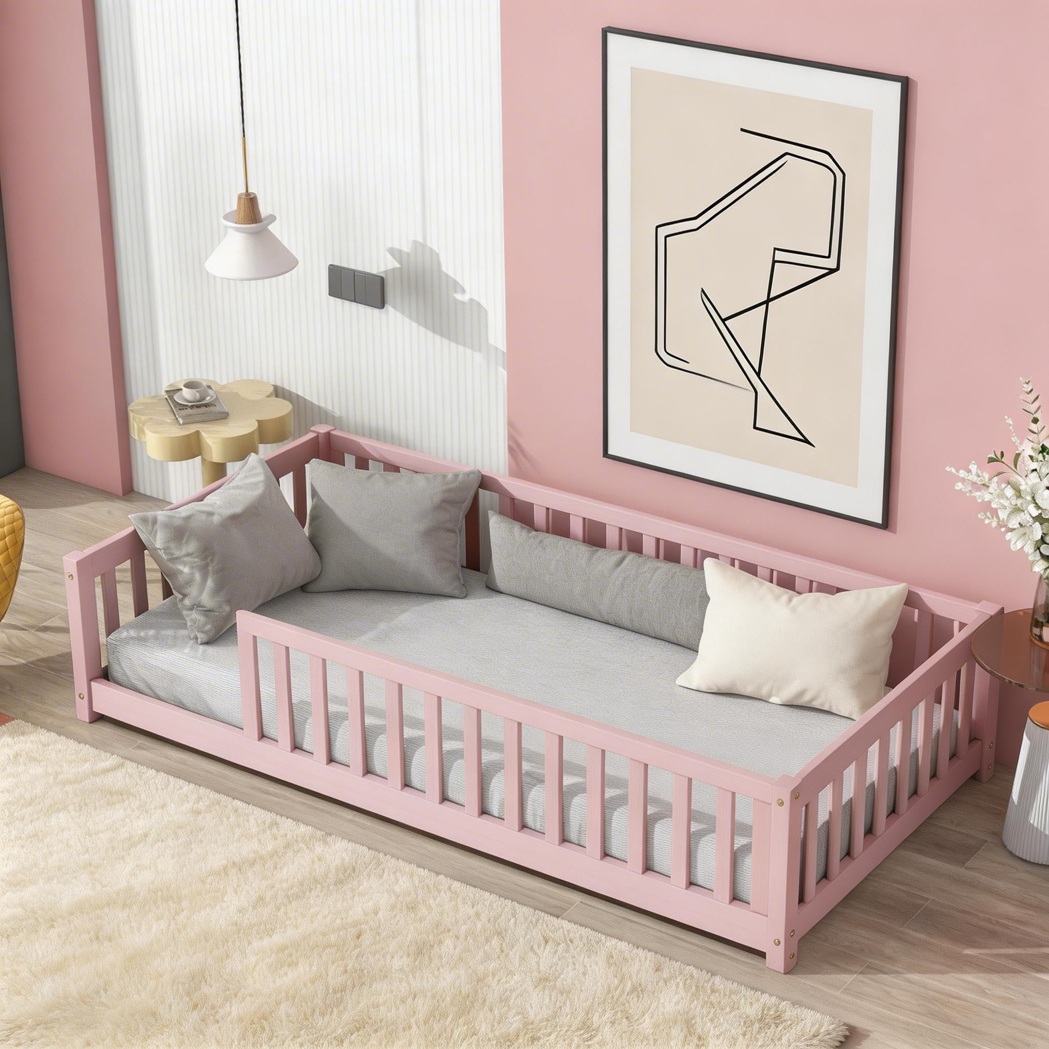 Sailvan Twin Floor Bed with Safety Guardrails,Solid Rubber Wood Fence Kids Bed Frame Pink