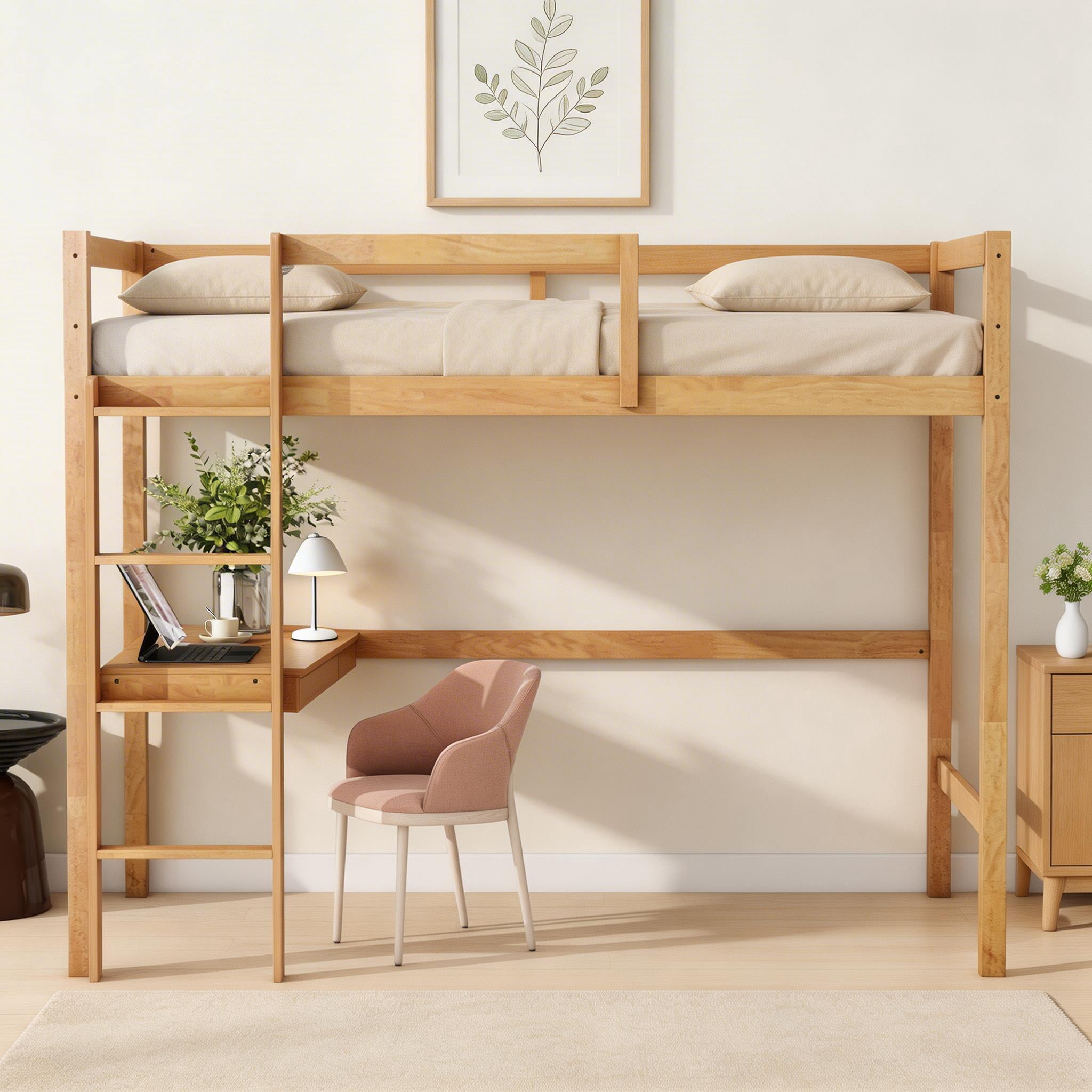 Sailvan Twin High Loft Bed, Rubber Wood Loft Bed with Safety Guardrail, Built-in Desk & Ladder