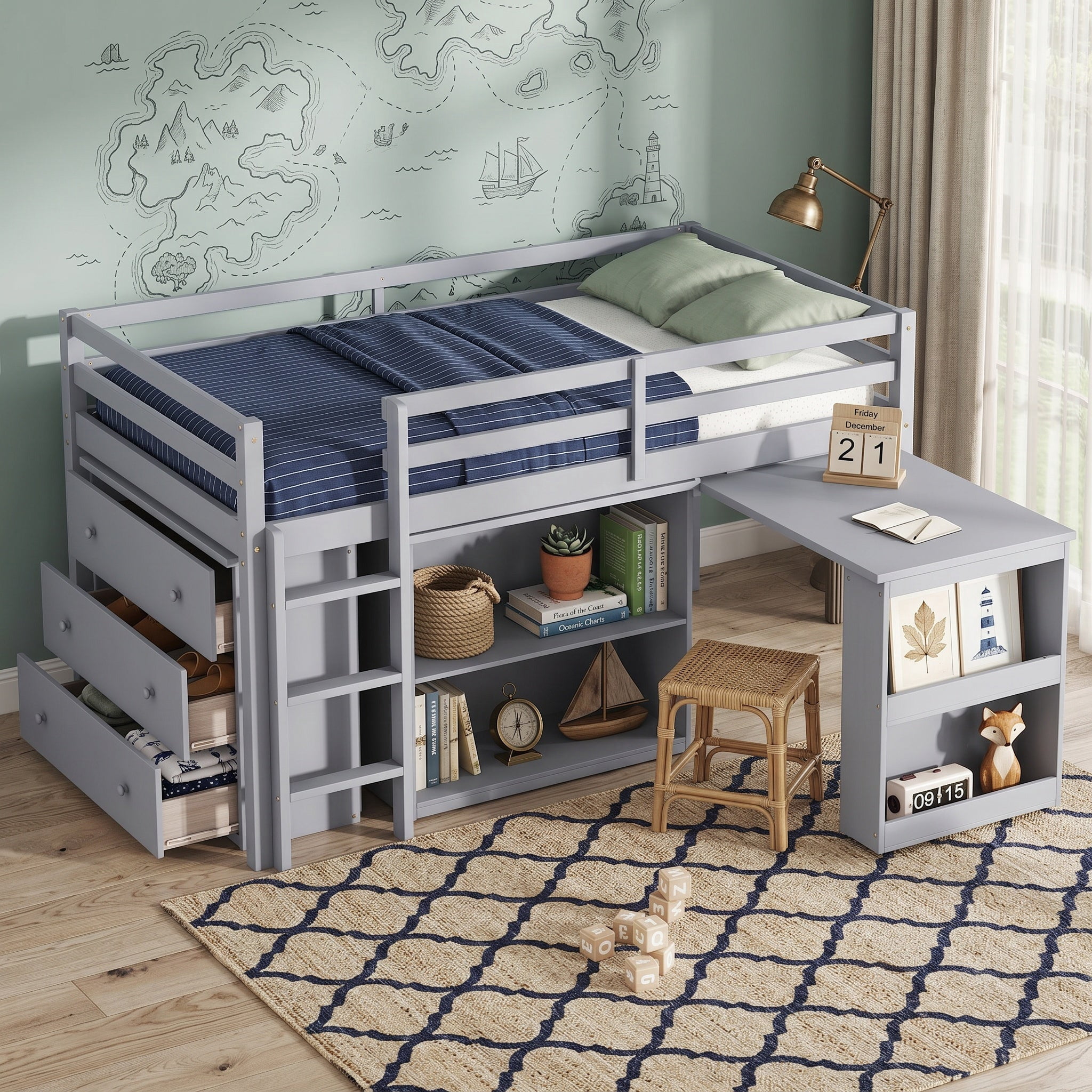 Sailvan Twin Loft Bed with Drawer Cabinet, Shelf Cabinet and Pulling Out Desk, Guardrail ,Ladder