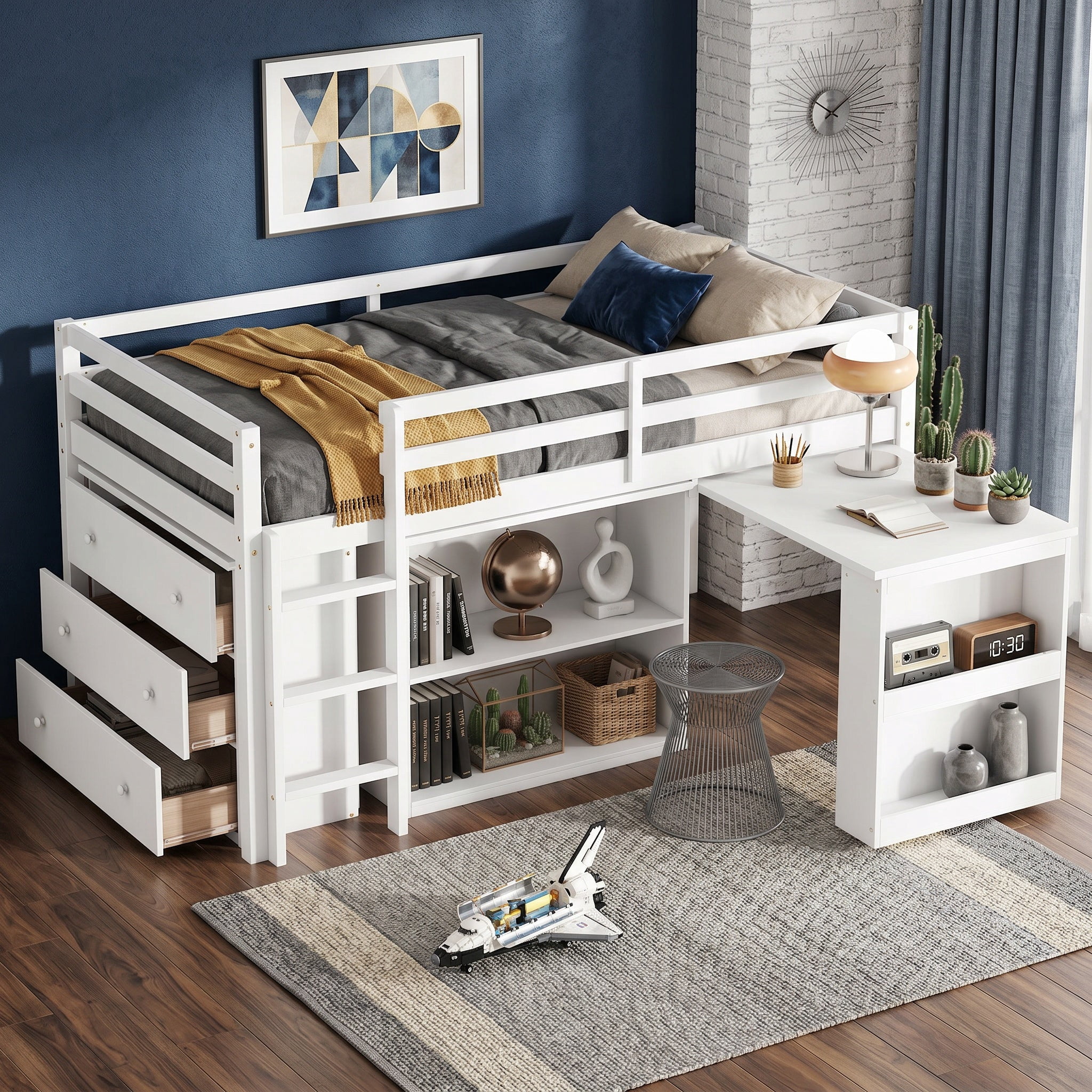 Sailvan Twin Loft Bed with Drawer Cabinet, Shelf Cabinet and Pulling Out Desk, Guardrail ,Ladder
