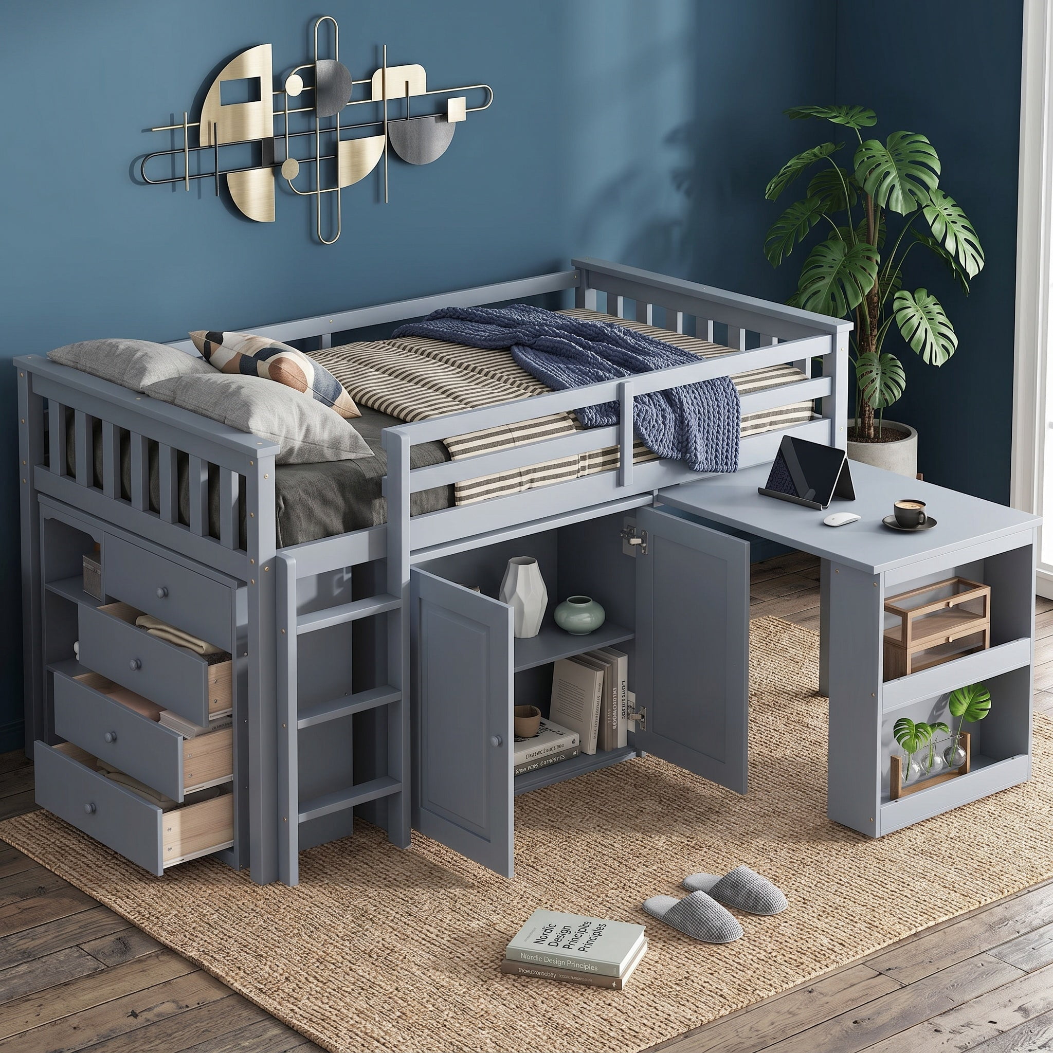 Sailvan Twin Loft Bed with Storage Cabinet, Drawer and Shelf Cabinet and Pulling-Out Desk