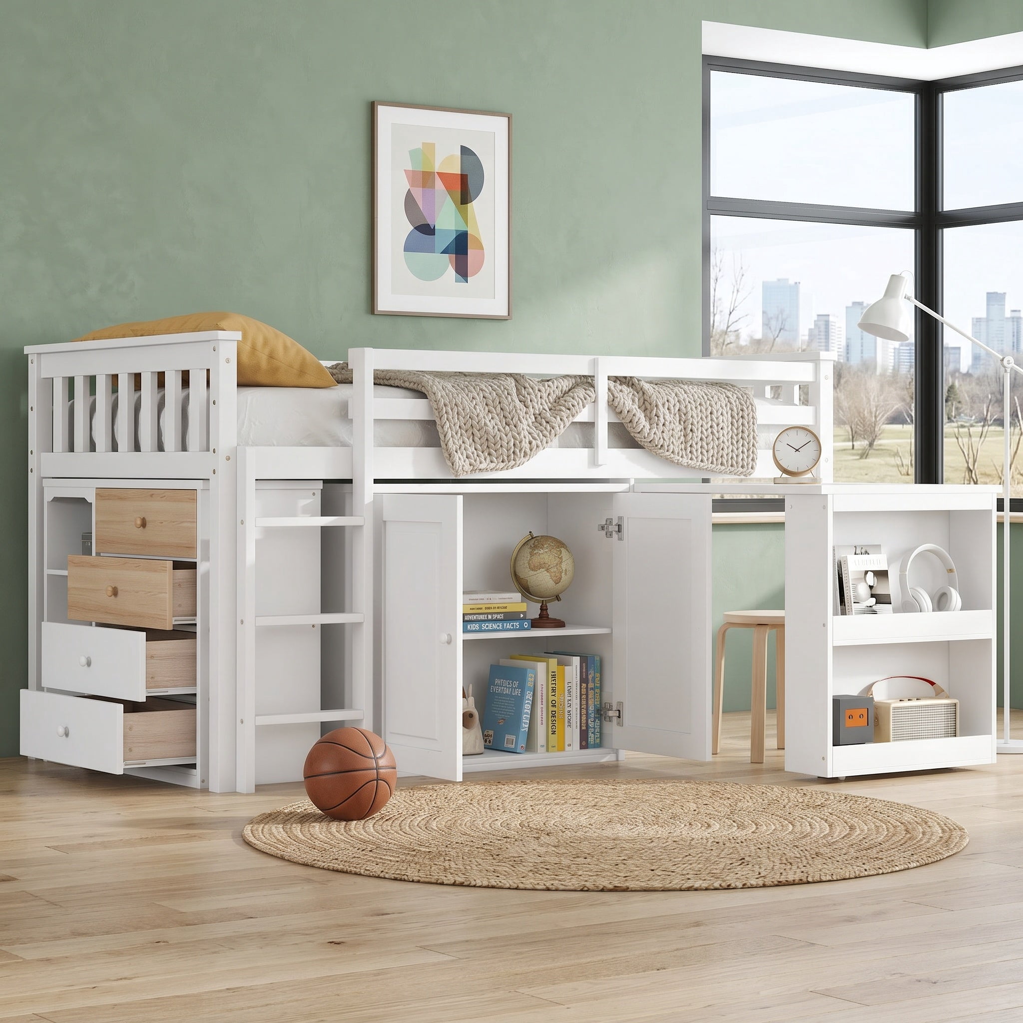 Sailvan Twin Loft Bed with Storage Cabinet, Drawer and Shelf Cabinet and Pulling-Out Desk