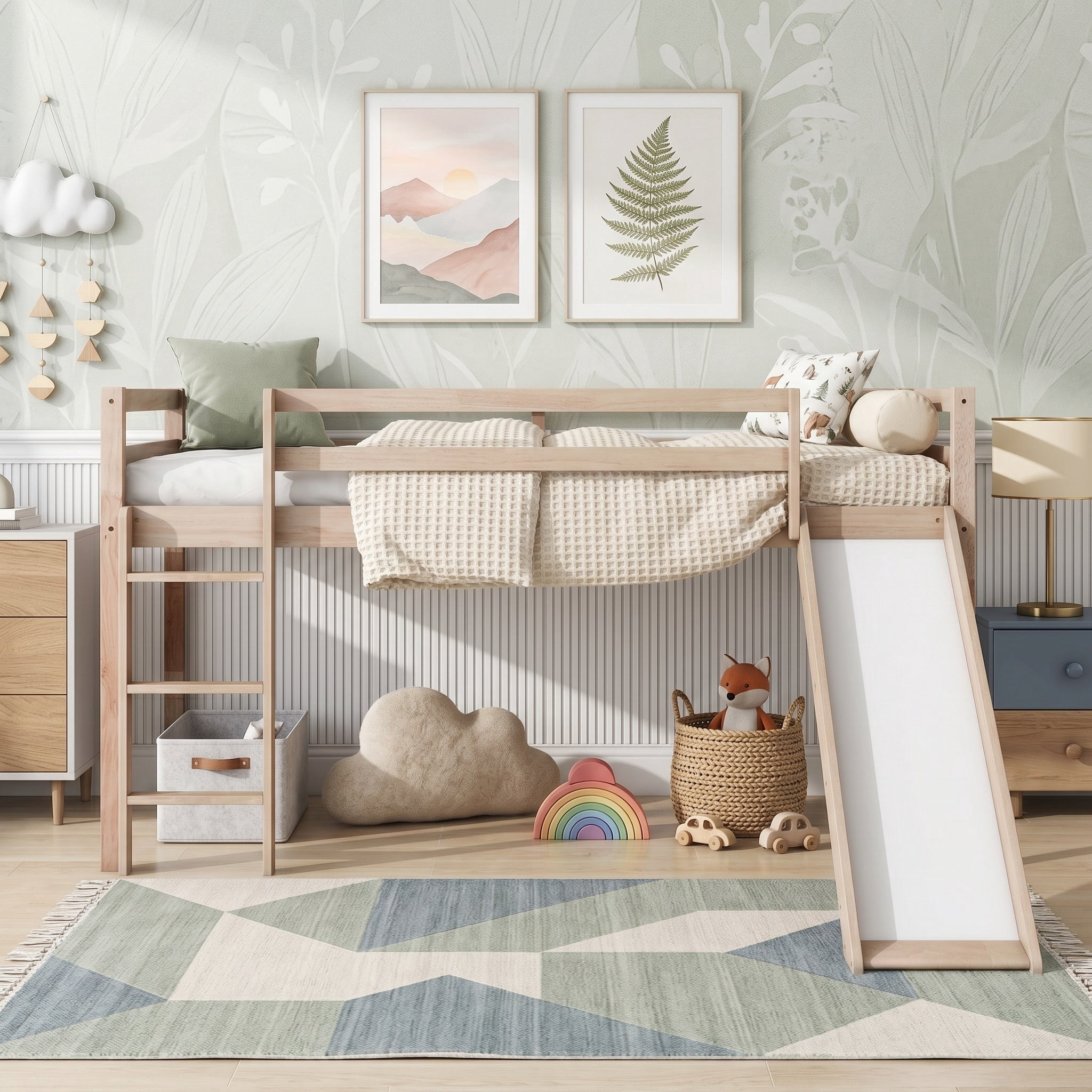 Sailvan Twin Low Loft Bed with Slide, Ladder, Safety Guardrails, Rubber Wood Twin Loft Bed
