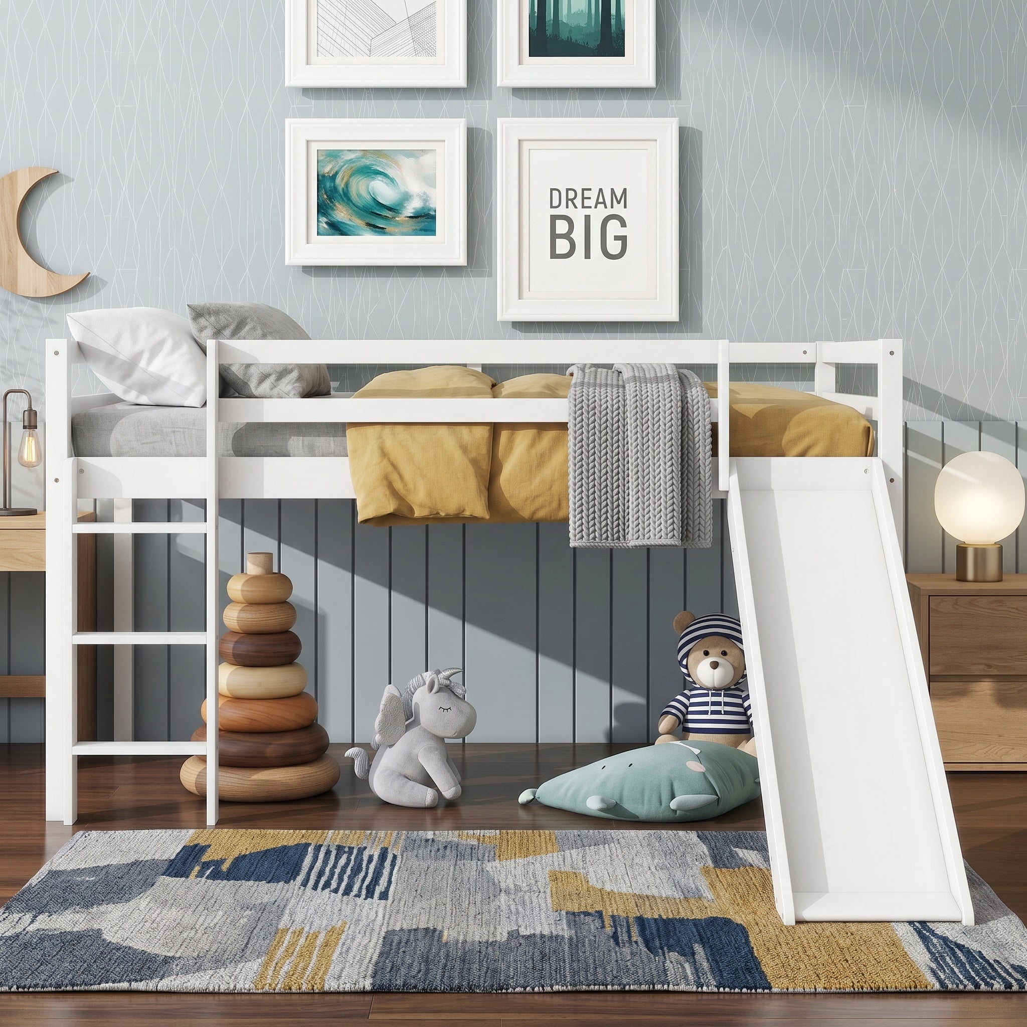 Sailvan Twin Low Loft Bed with Slide, Ladder, Safety Guardrails, Rubber Wood Twin Loft Bed