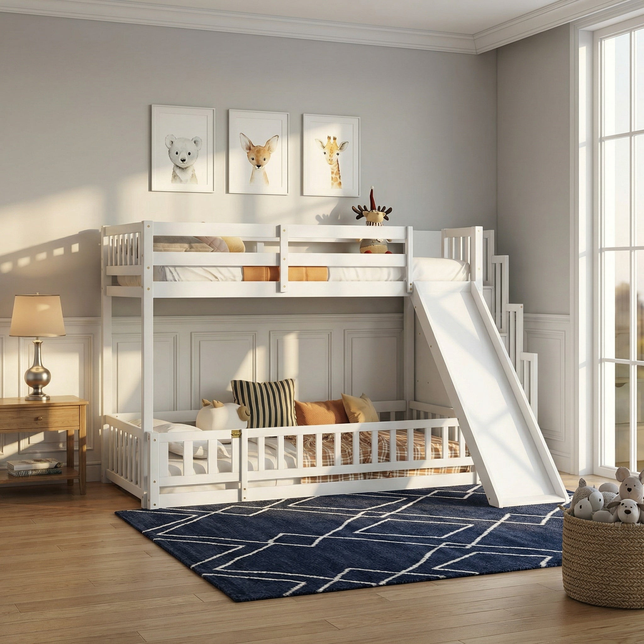 Sailvan Twin Over Full Bunk Bed with Slide, Storage Staircase, Pine Solid Wooden Bunk Bed with Safety Guardrails