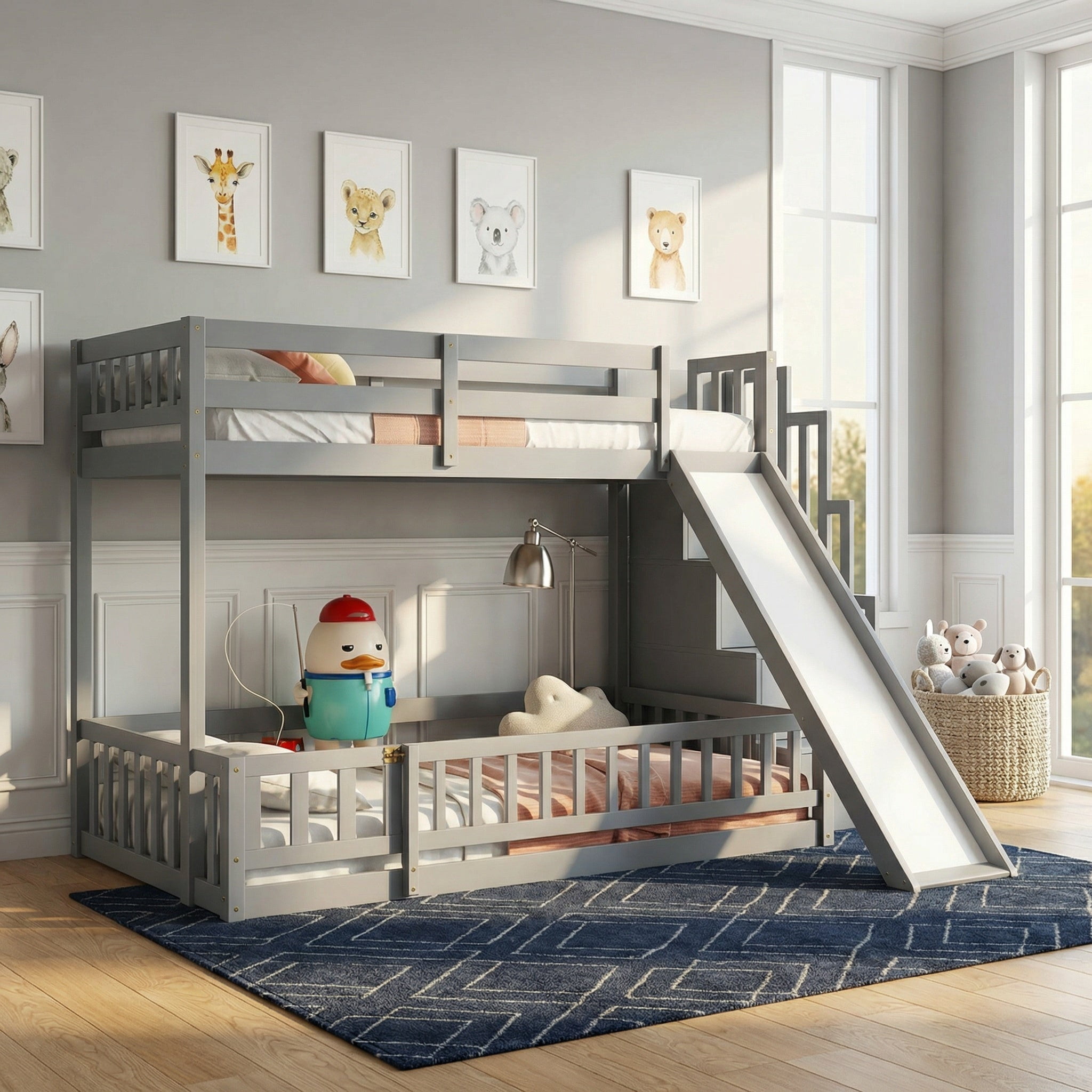 Sailvan Twin Over Full Bunk Bed with Slide, Storage Staircase, Pine Solid Wooden Bunk Bed with Safety Guardrails