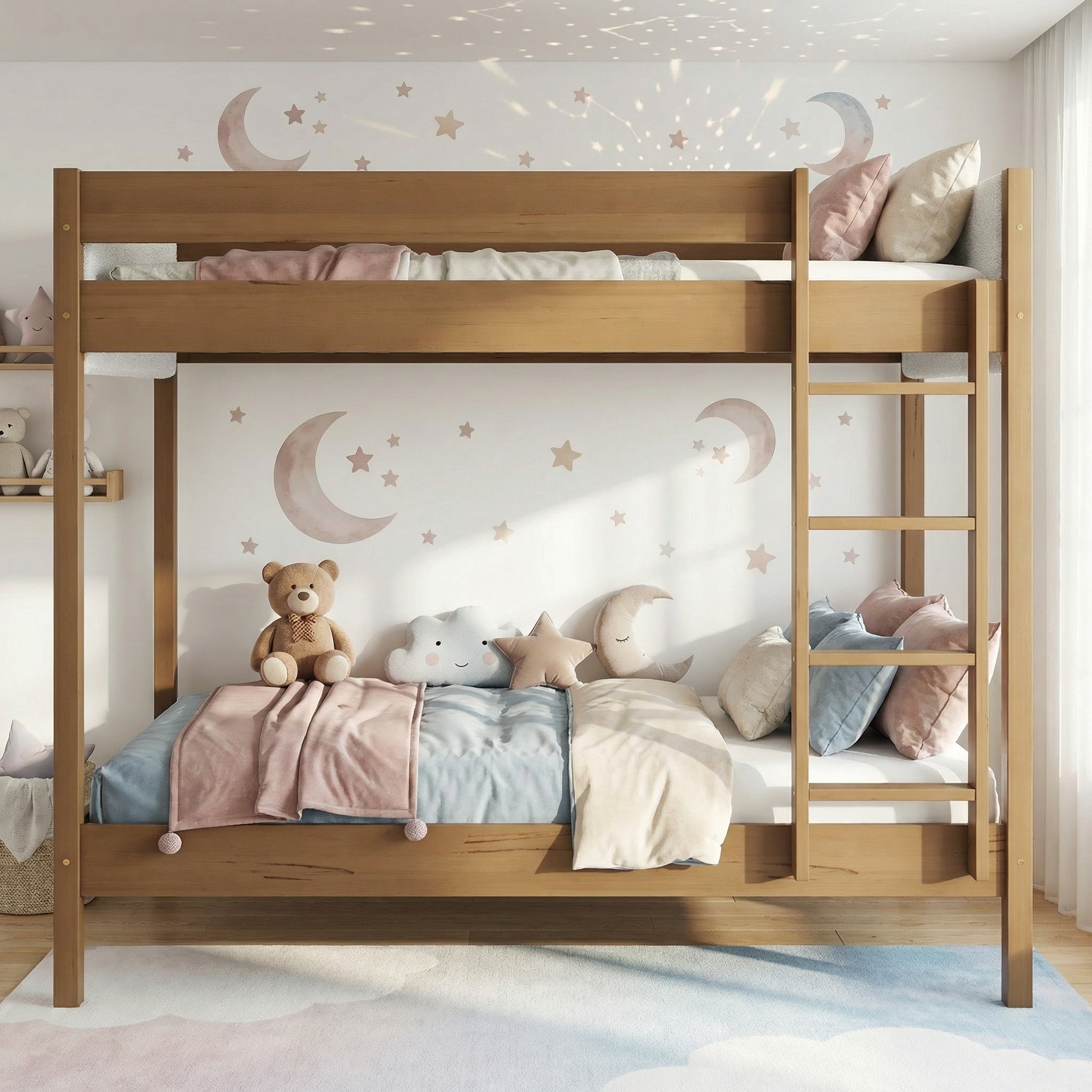 Sailvan Twin Over Twin Bunk Bed with Boucle Upholstered Headboard Footboard,Ladder, Safety Guardrail