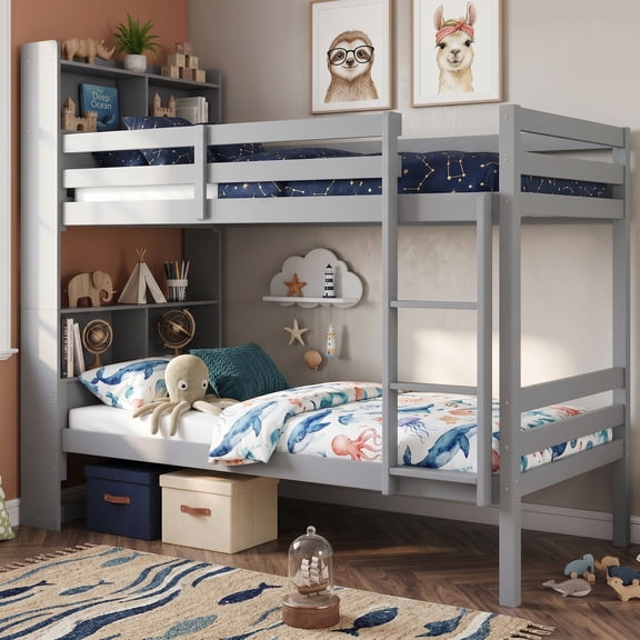 Sailvan Twin Over Twin Bunk Bed with Shelves Headboard Guardrails Ladder, Convertible to 2 Beds