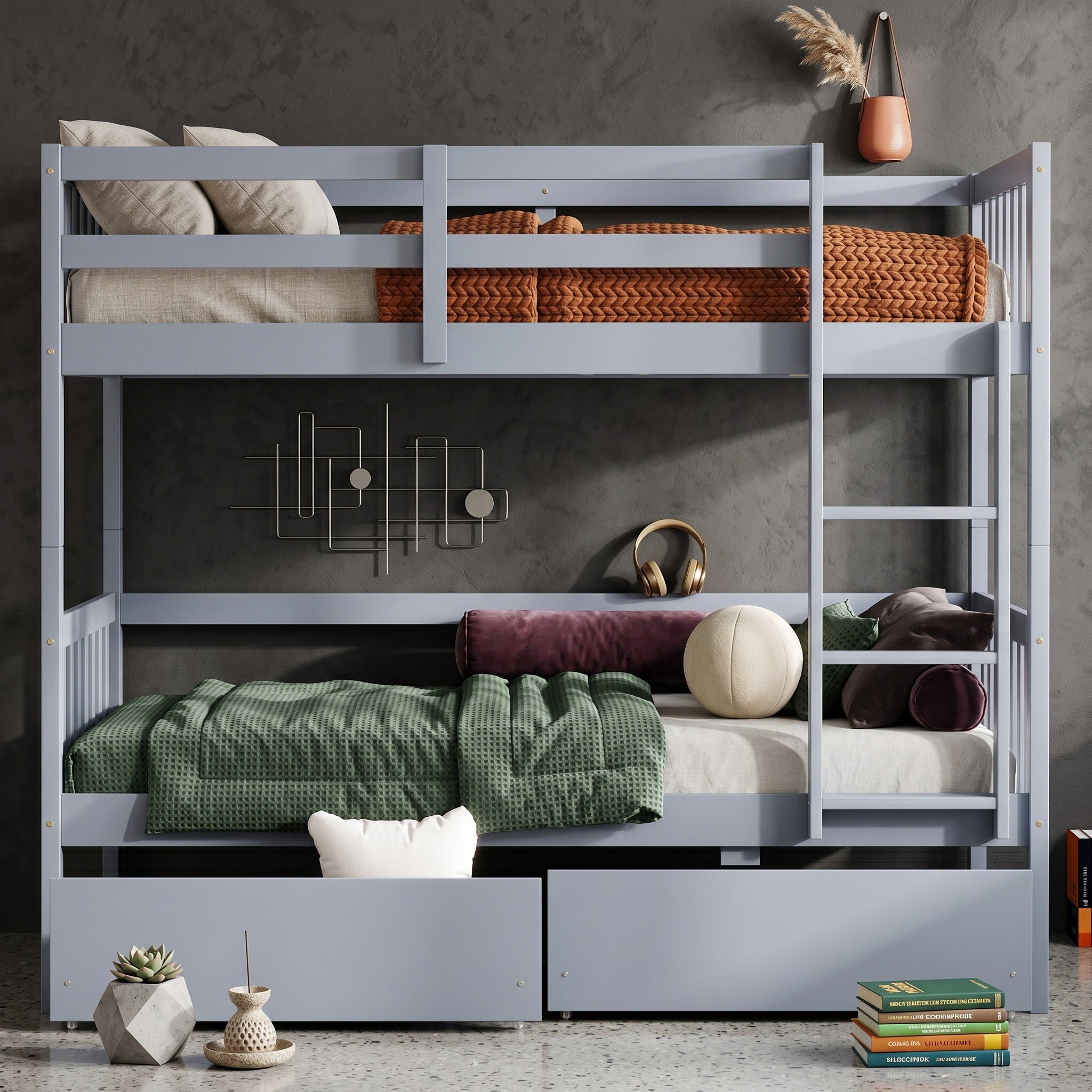 Sailvan Twin Over Twin Rubber Wood Bunk Bed with 2 Drawers, Convertible into 2 Twin Beds