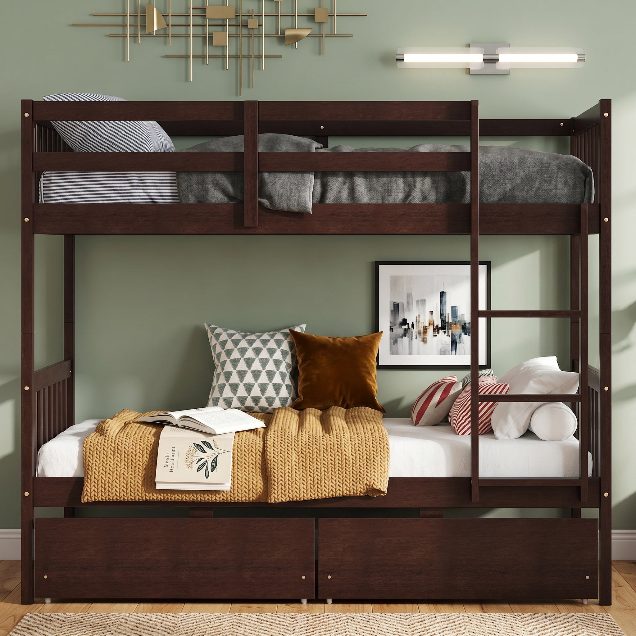 Sailvan Twin Over Twin Rubber Wood Bunk Bed with 2 Drawers, Convertible into 2 Twin Beds