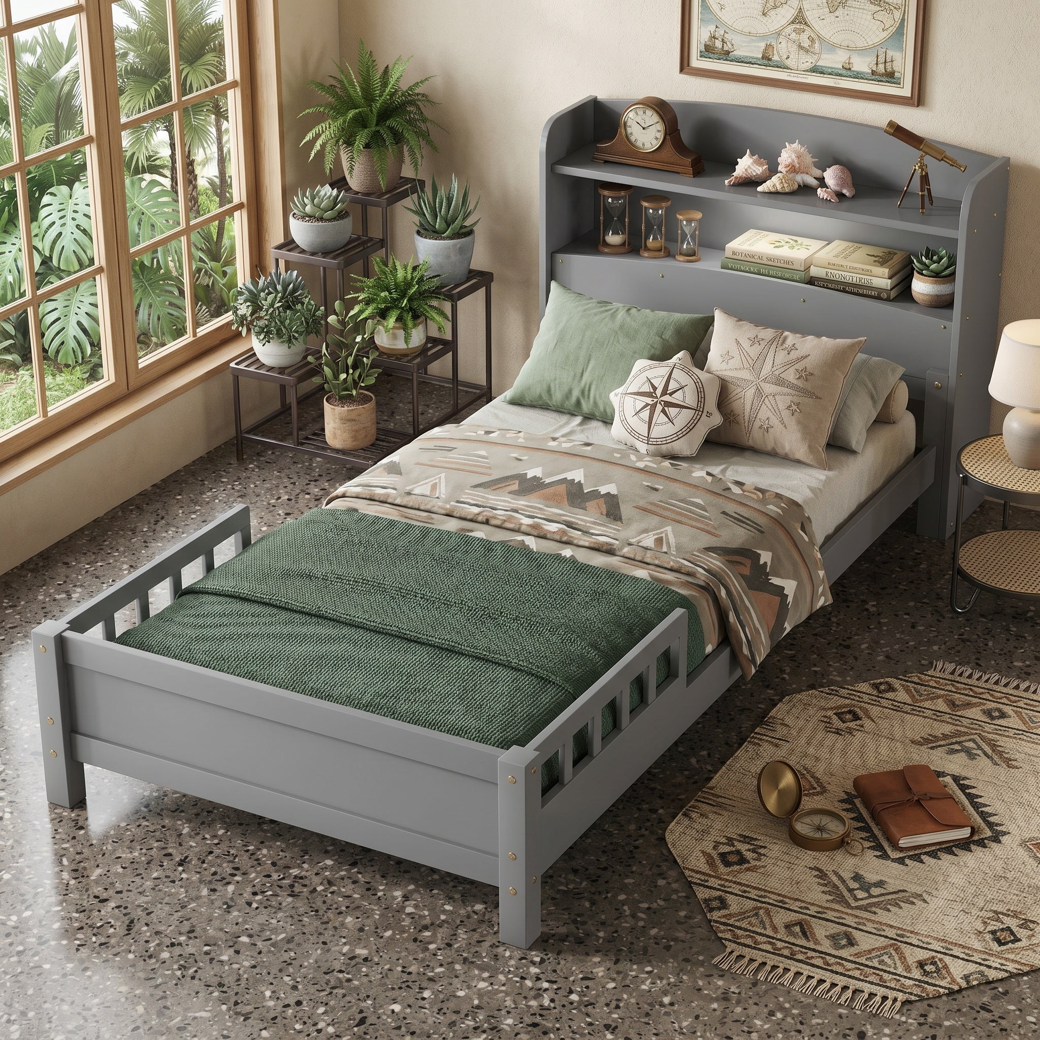 Sailvan Twin Pine Wood Bed with Bookcase Headboard ,LED Motion Sensor Light, Guardrails