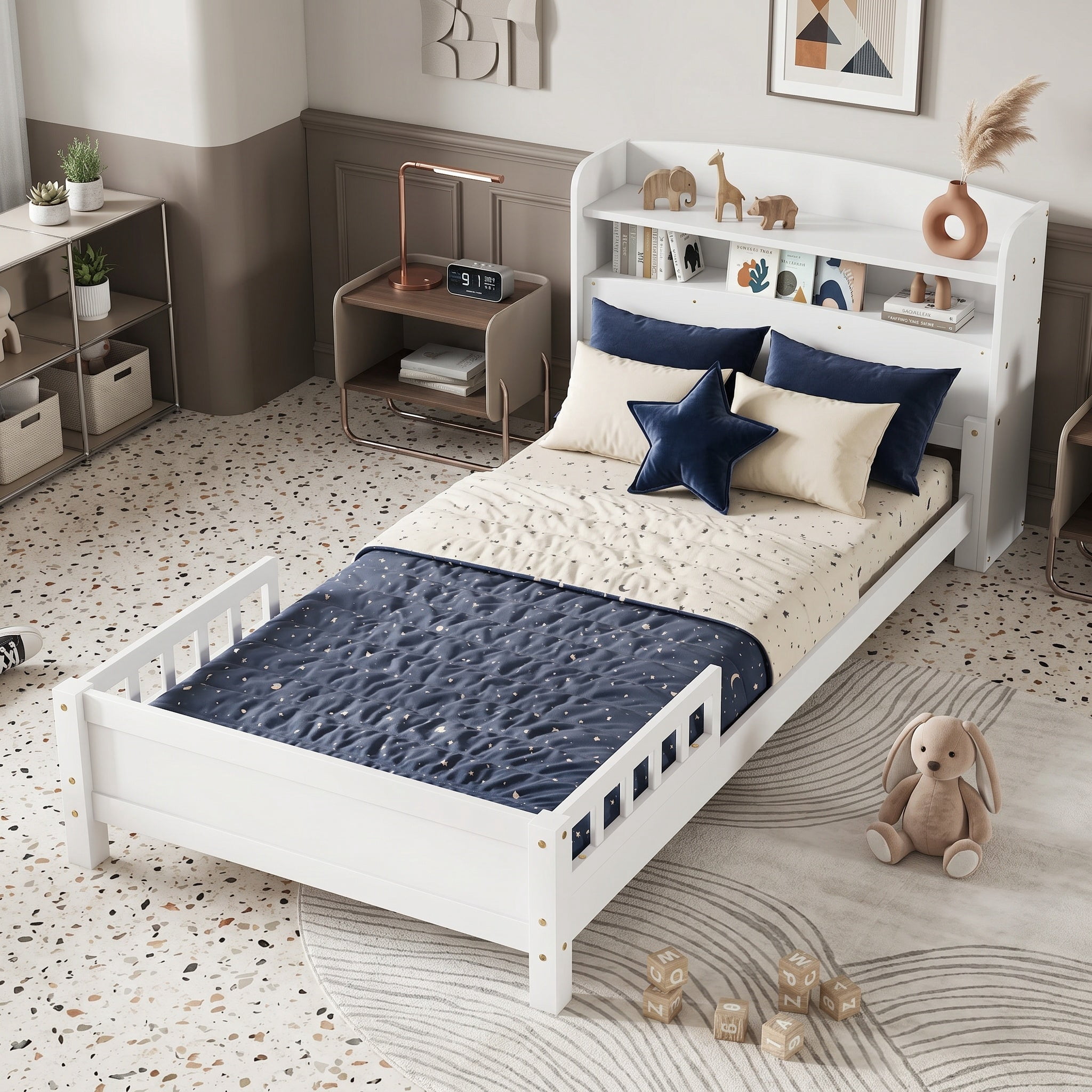Sailvan Twin Pine Wood Bed with Bookcase Headboard ,LED Motion Sensor Light, Guardrails
