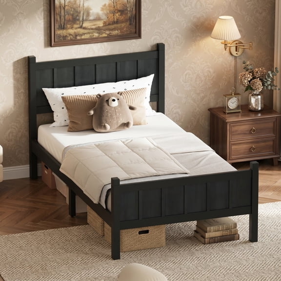 Sailvan Twin Platform Bed with Headboard & Footboard - Shaker Farmhouse Style Bed Frame with Wood Grain Finish & Under-Bed Storage Black