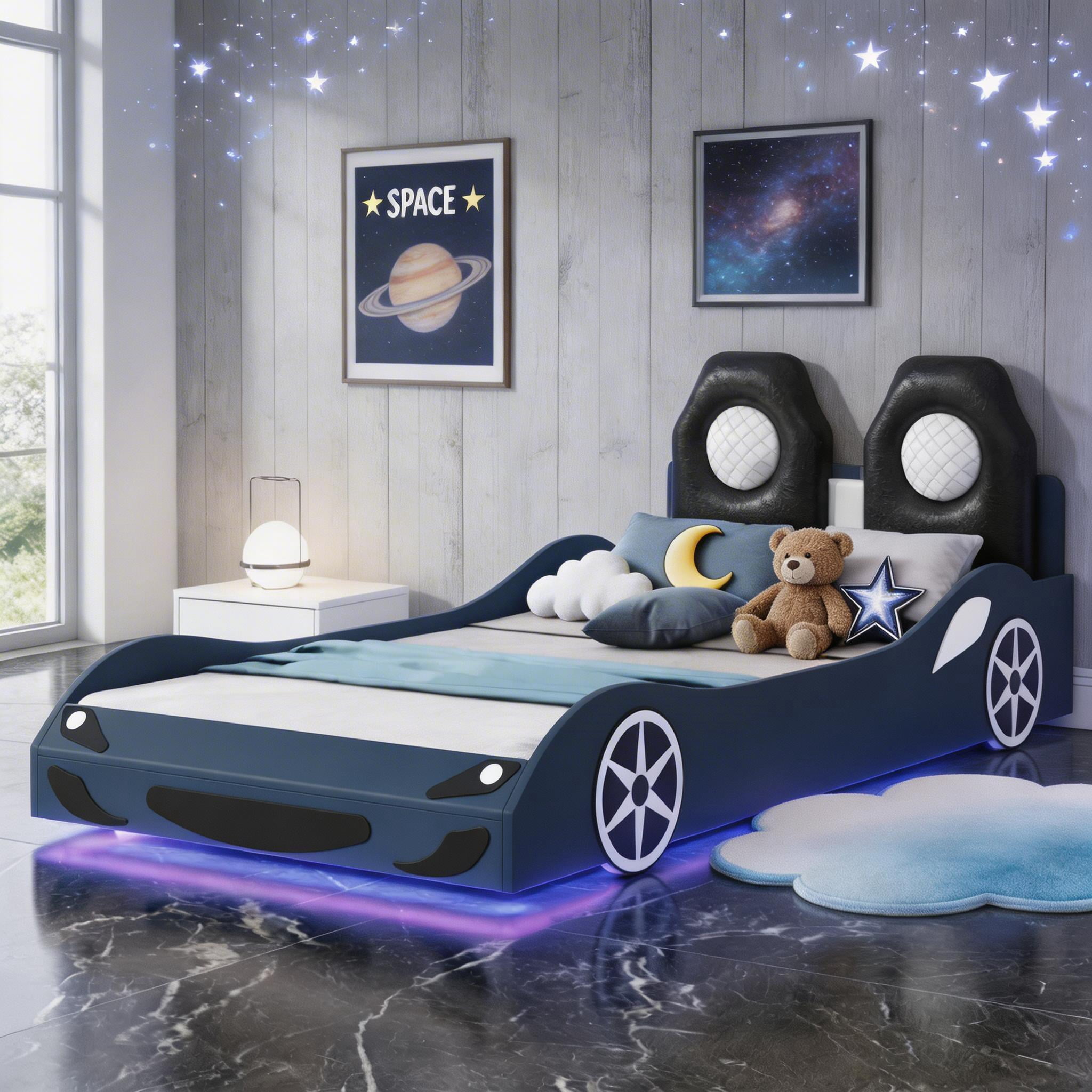 Sailvan Twin Race Car Bed Frame with Under-Bed LED Lighting and Upholstered Backrest Blue