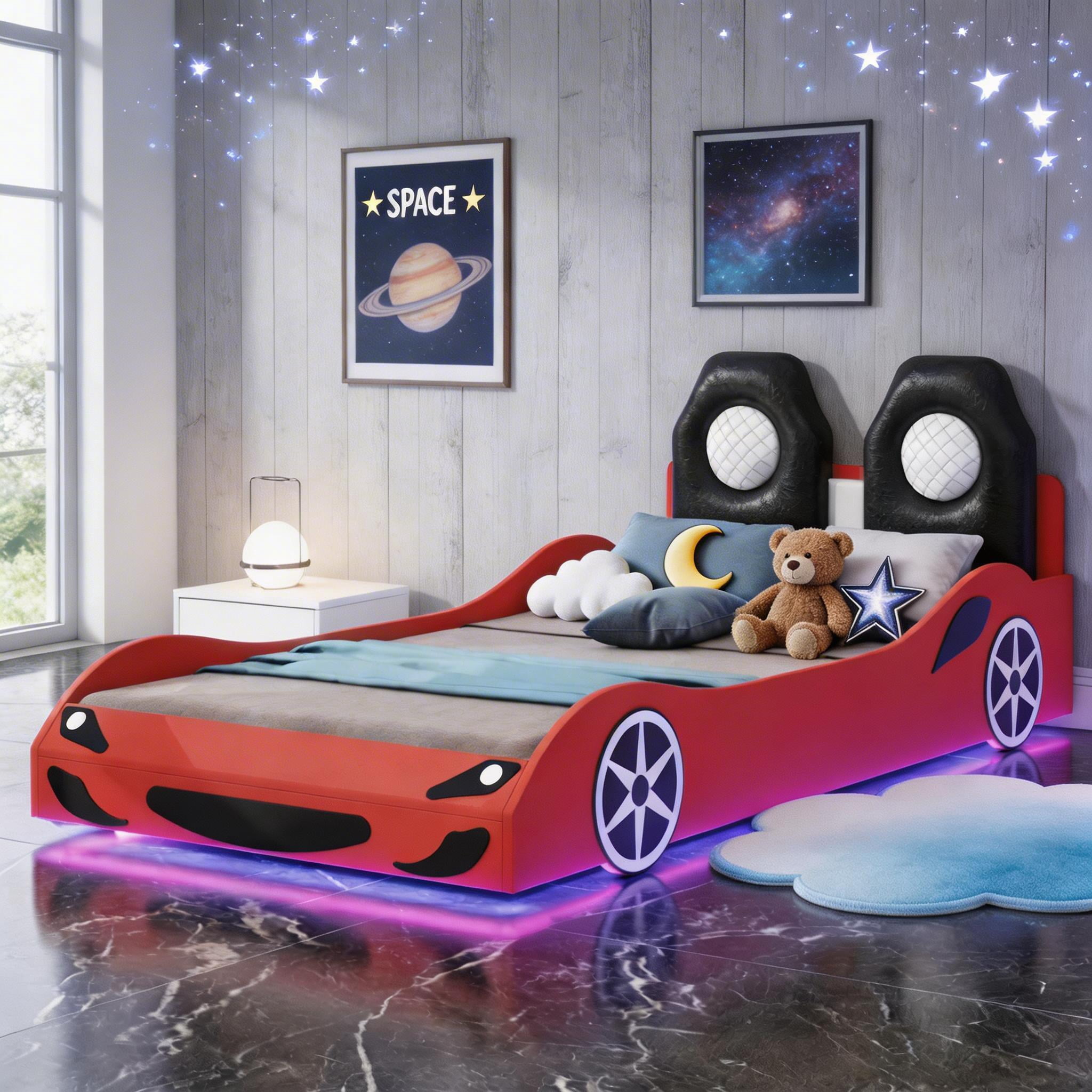 Sailvan Twin Race Car Bed Frame with Under-Bed LED Lighting and Upholstered Backrest Red