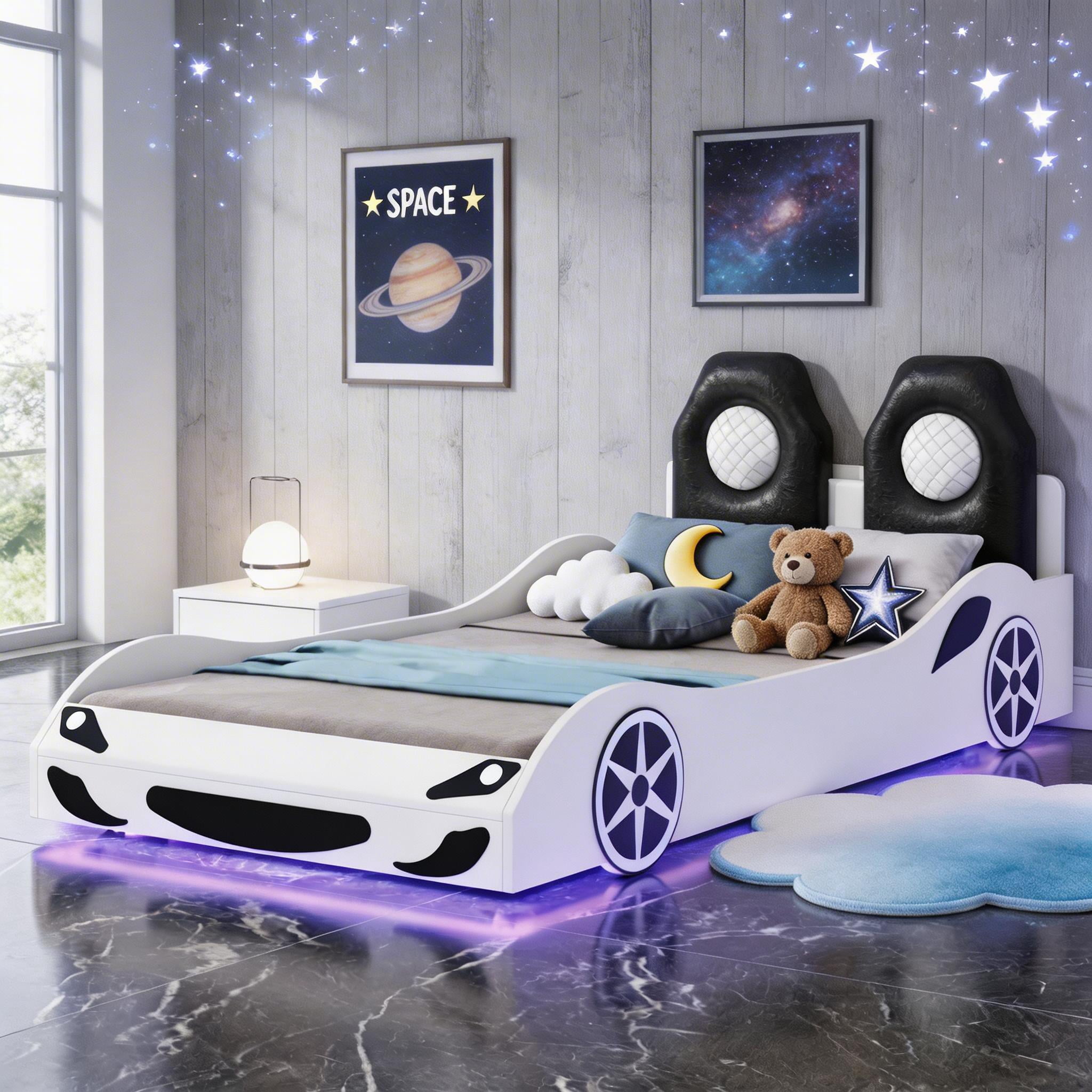 Sailvan Twin Race Car Bed Frame with Under-Bed LED Lighting and Upholstered Backrest White