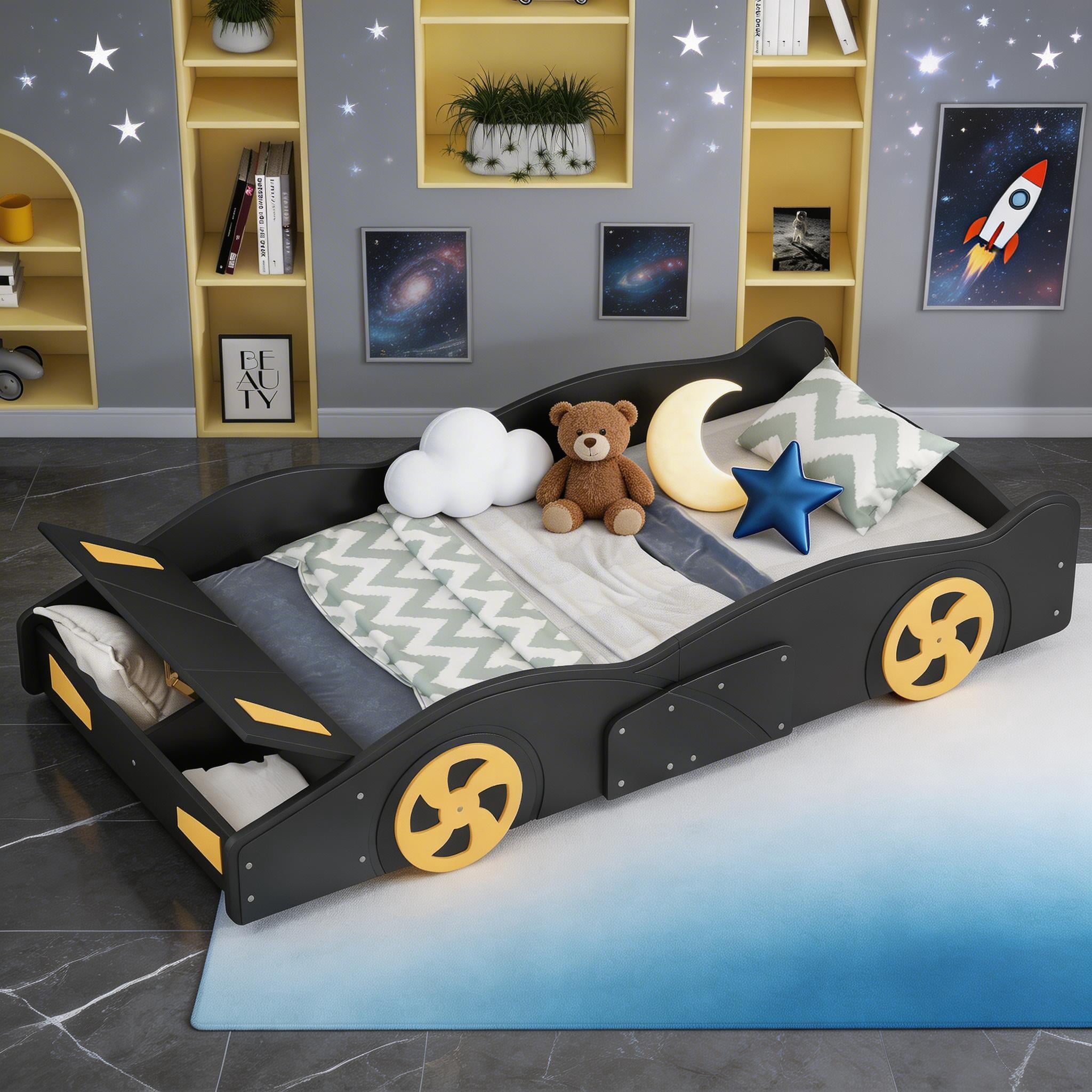 Sailvan Twin Race Car Platform Bed Frame with Storage and Guardrails Black