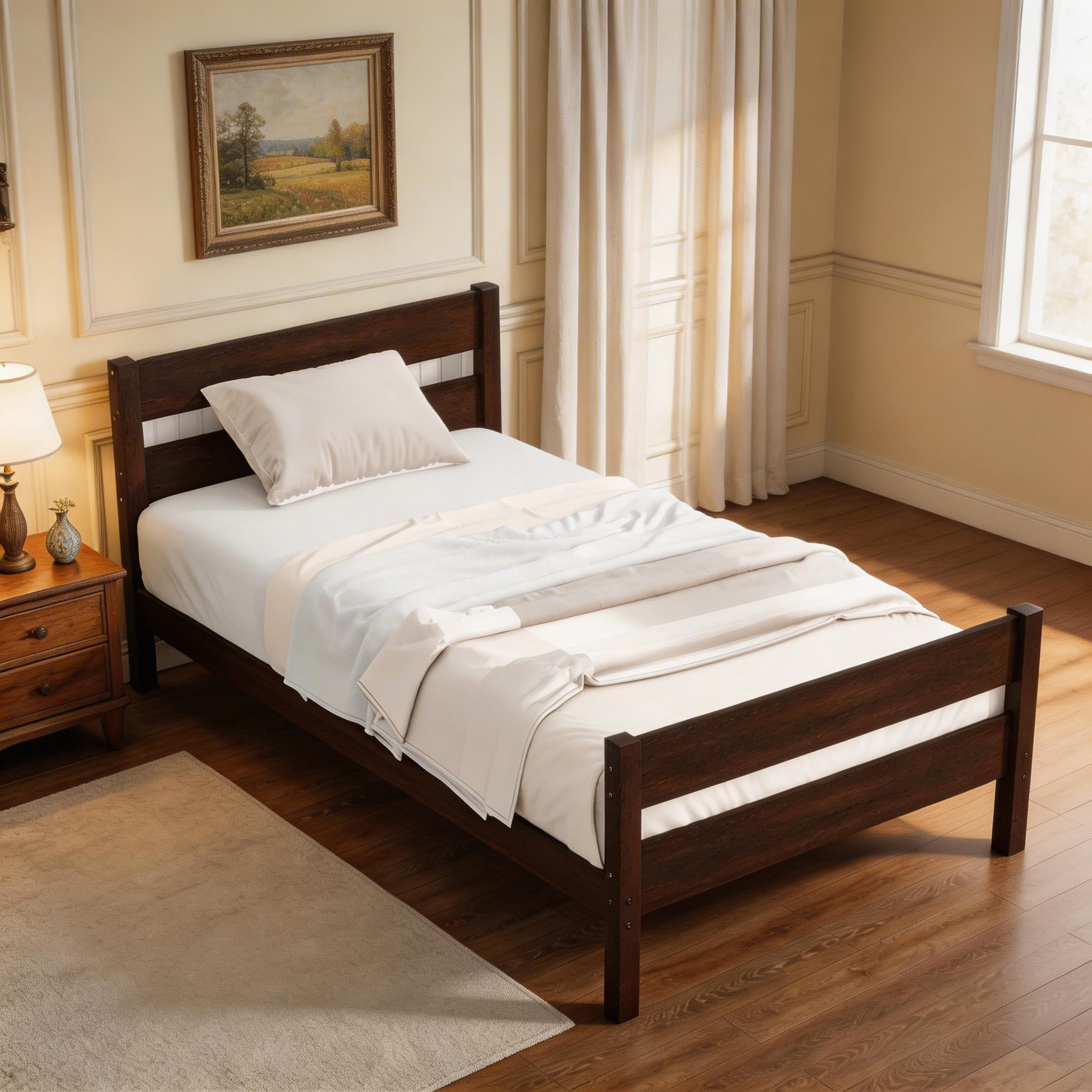 Sailvan Twin Rubber Wood Platform Bed Frame with Headboard and Footboard, Space-Saving Design Espresso