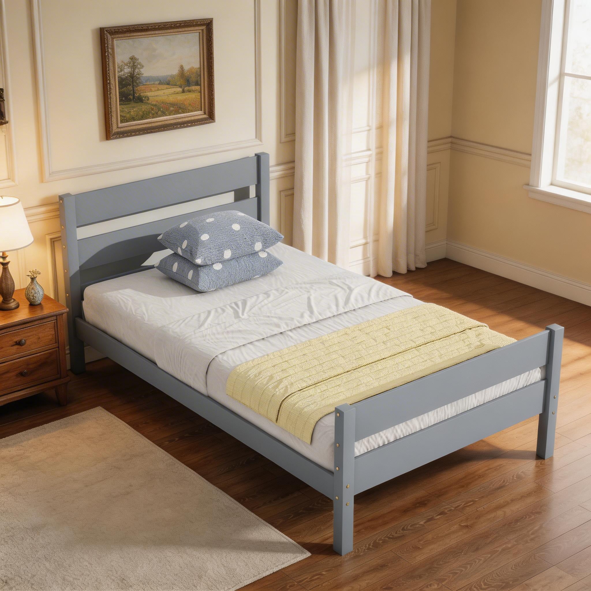 Sailvan Twin Rubber Wood Platform Bed Frame with Headboard and Footboard, Space-Saving Design Grey