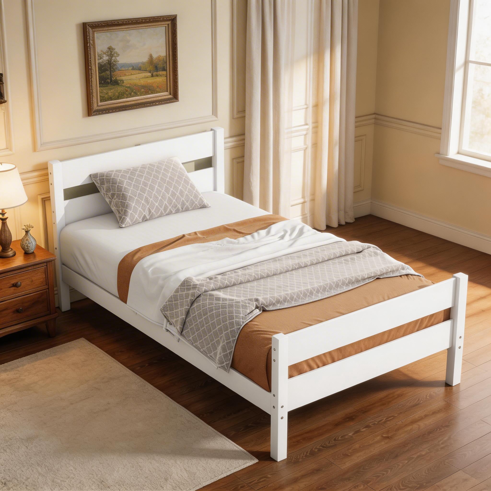 Sailvan Twin Rubber Wood Platform Bed Frame with Headboard and Footboard, Space-Saving Design White