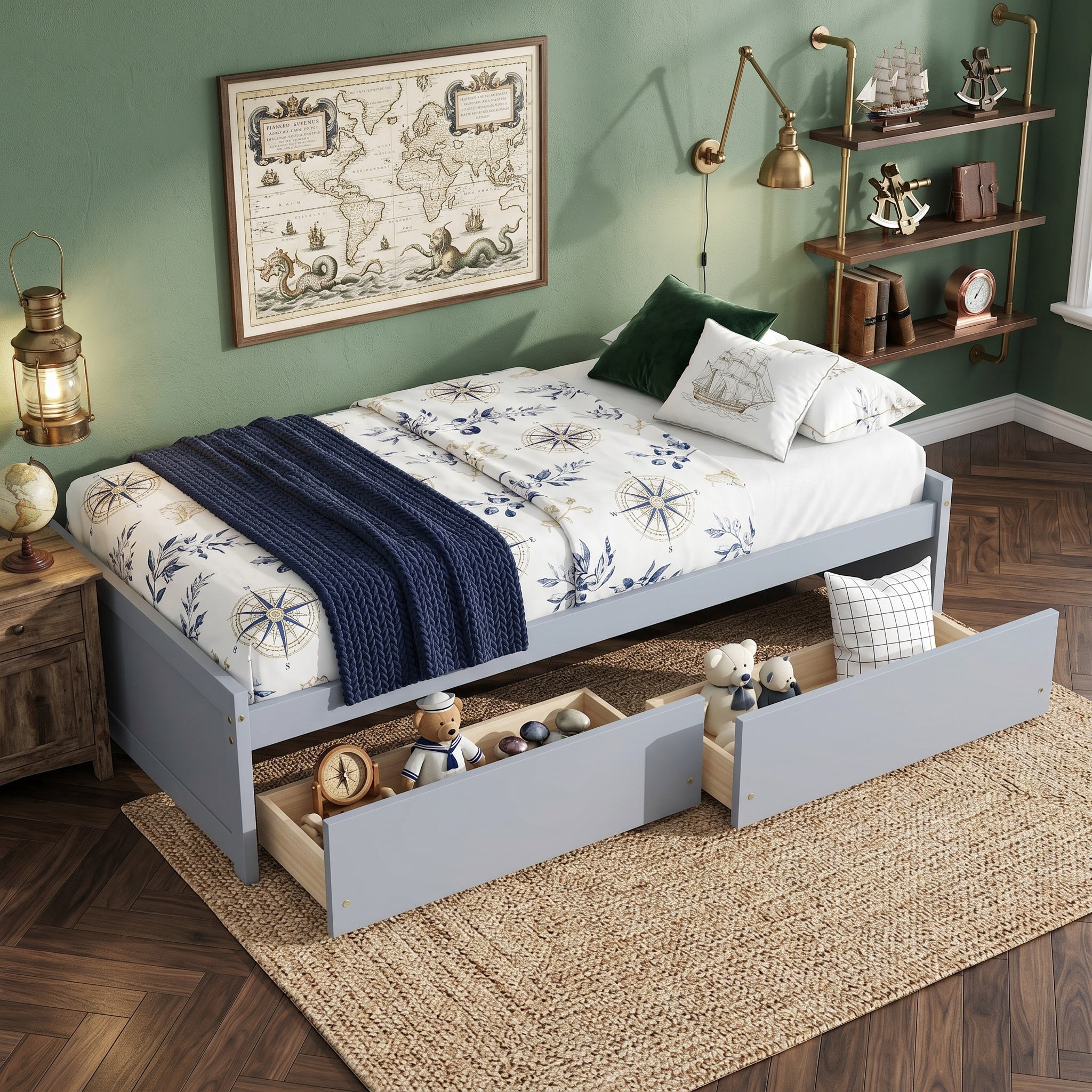 Sailvan Twin Size Bed with 2 Drawers, Solid Rubber Wood Bed