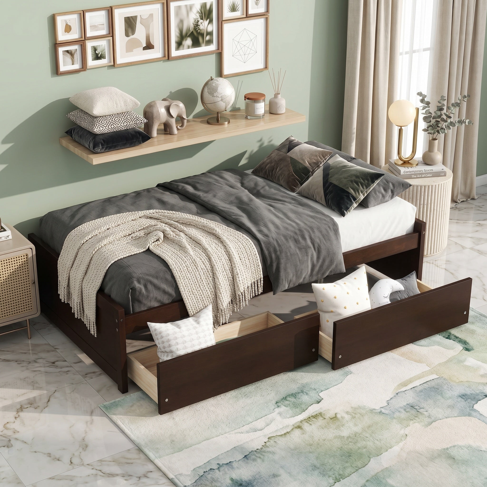 Sailvan Twin Size Bed with 2 Drawers, Solid Rubber Wood Bed