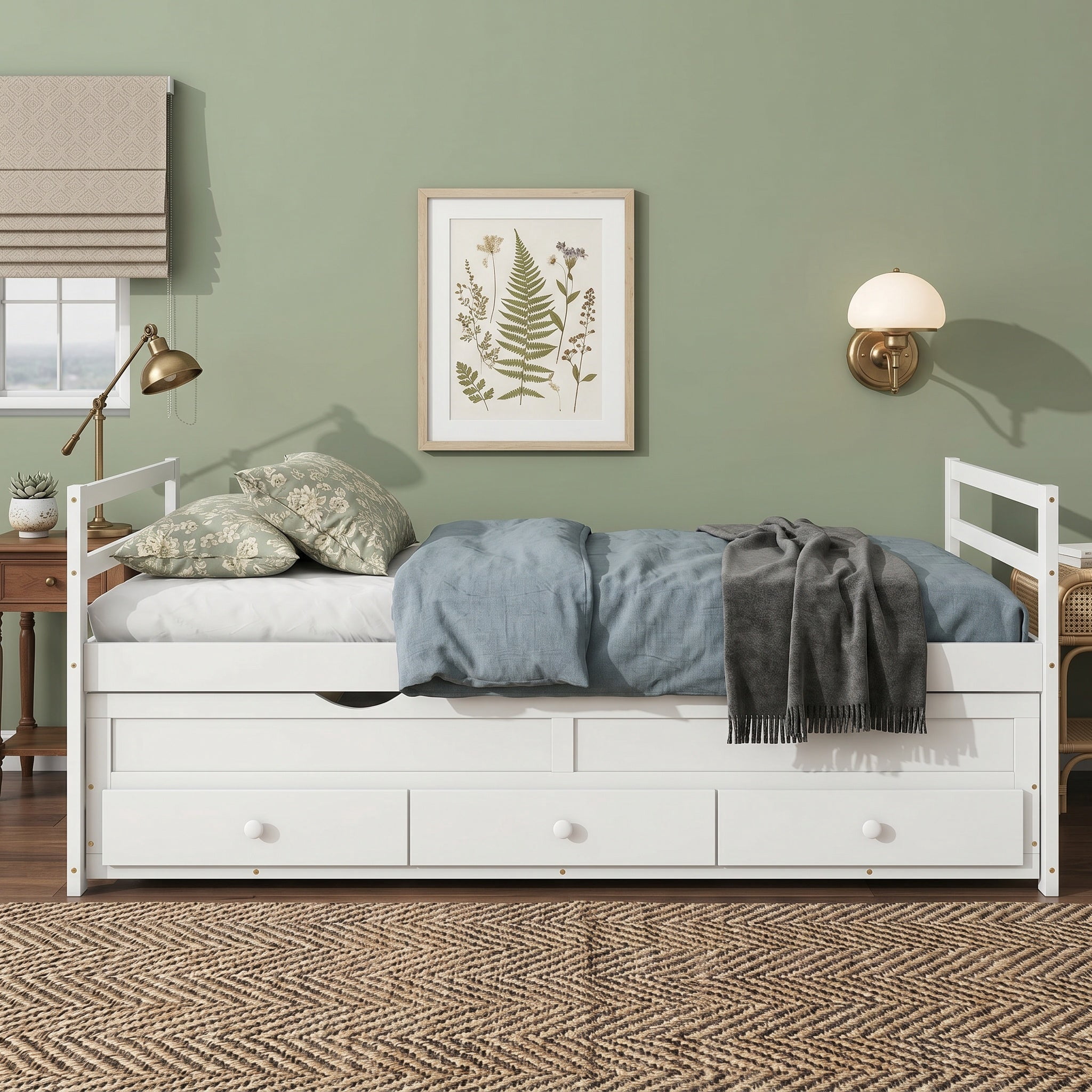 Sailvan Twin Size Bed with Headboard, Footboard, Trundle and 3 Storage Drawers, Pine Wood Bed