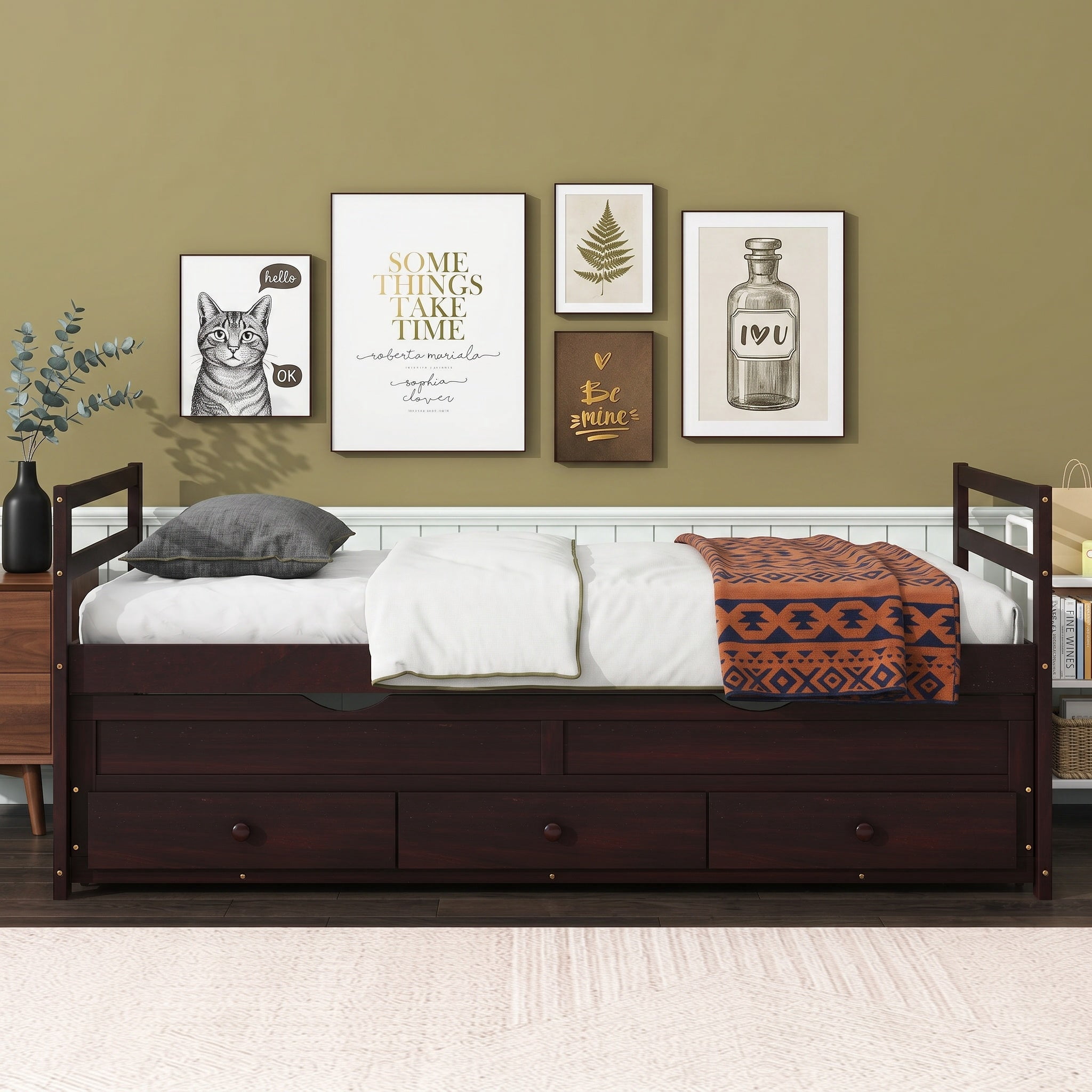 Sailvan Twin Size Bed with Headboard, Footboard, Trundle and 3 Storage Drawers, Pine Wood Bed