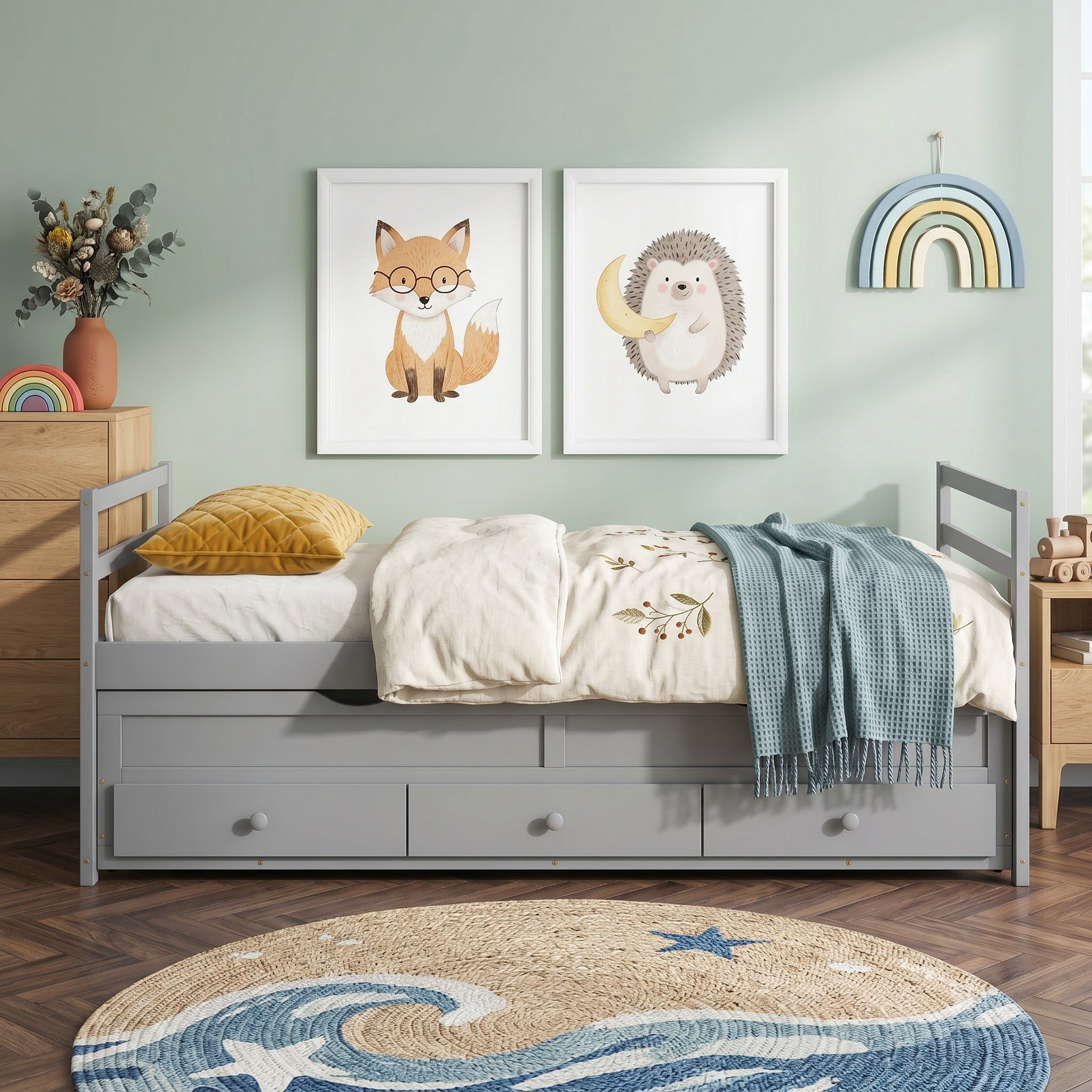 Sailvan Twin Size Bed with Headboard, Footboard, Trundle and 3 Storage Drawers, Pine Wood Bed