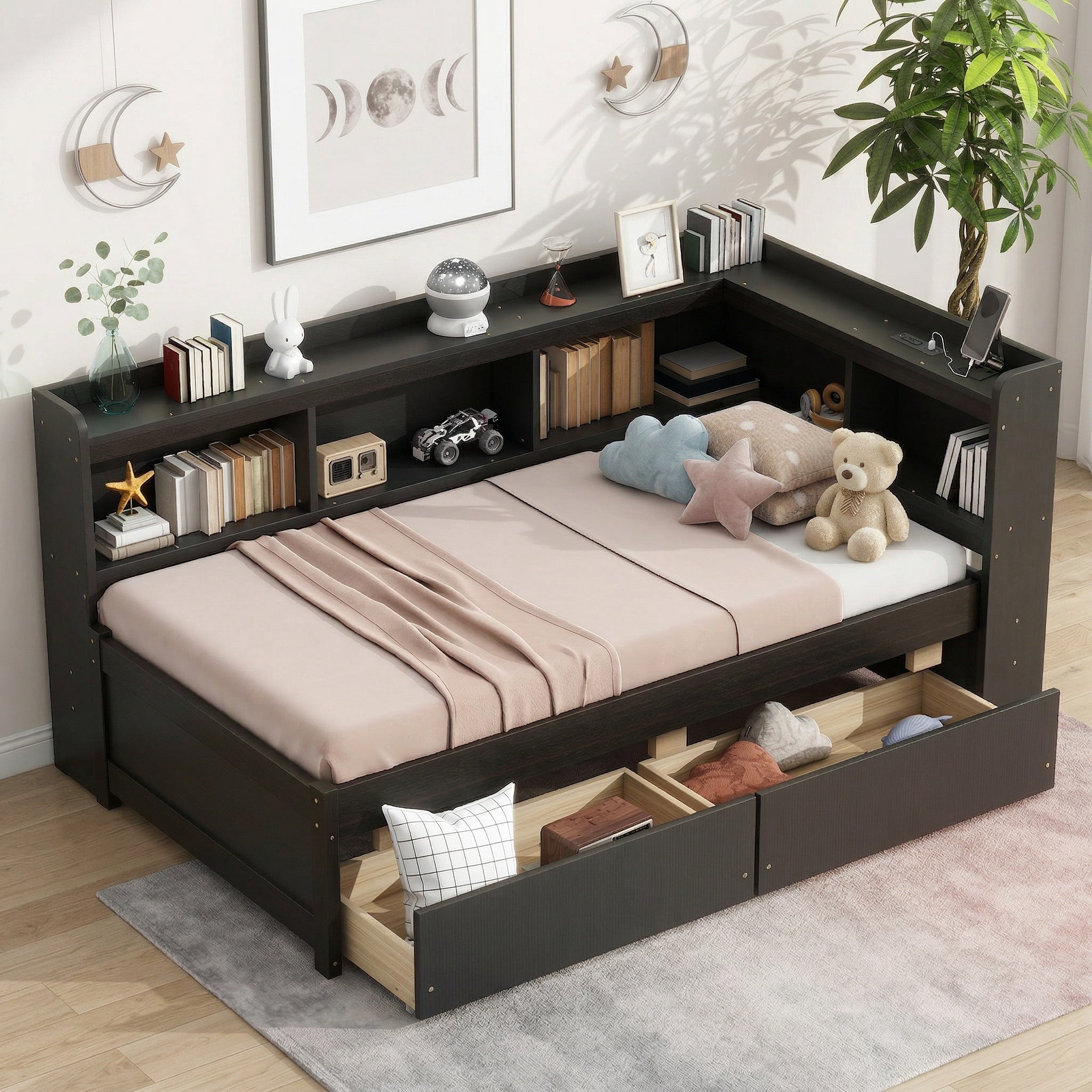 Sailvan Twin Size L-shaped Bookcases Bed with Power Outlets, USB Charging Ports,Two Drawers