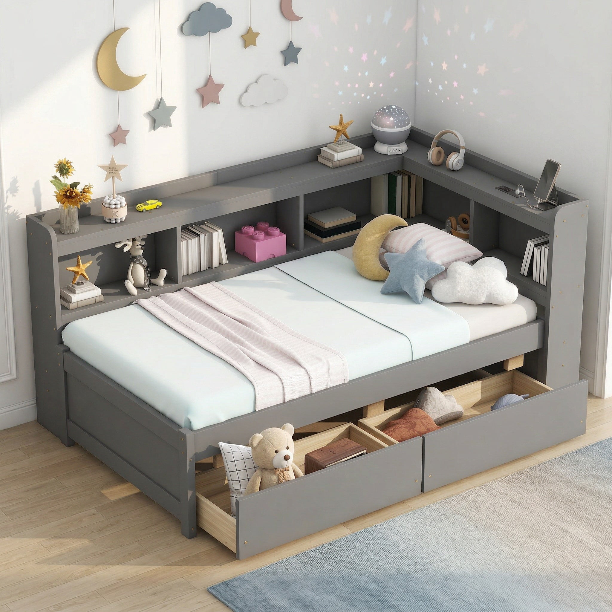 Sailvan Twin Size L-shaped Bookcases Bed with Power Outlets, USB Charging Ports,Two Drawers