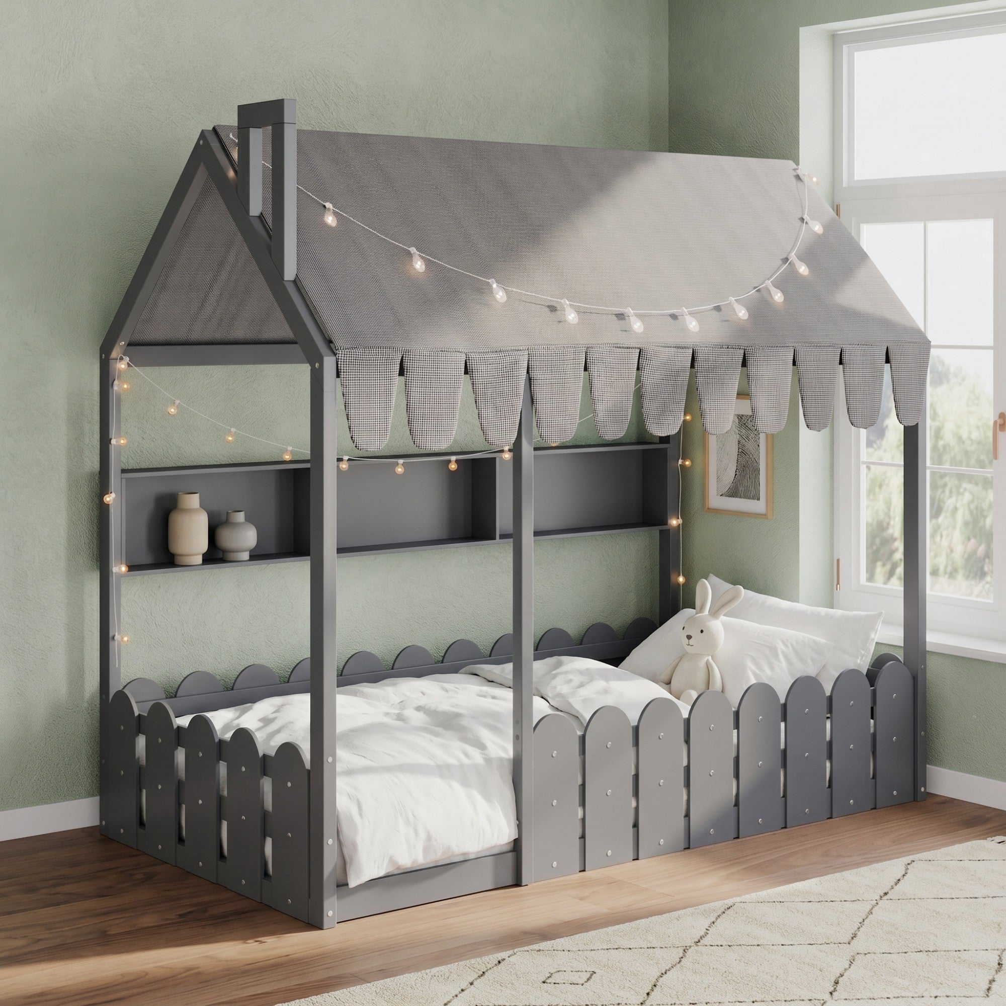 Sailvan Twin Size Montessori House Bed for Kids, Floor Bed with Fence Railings, Slats not included