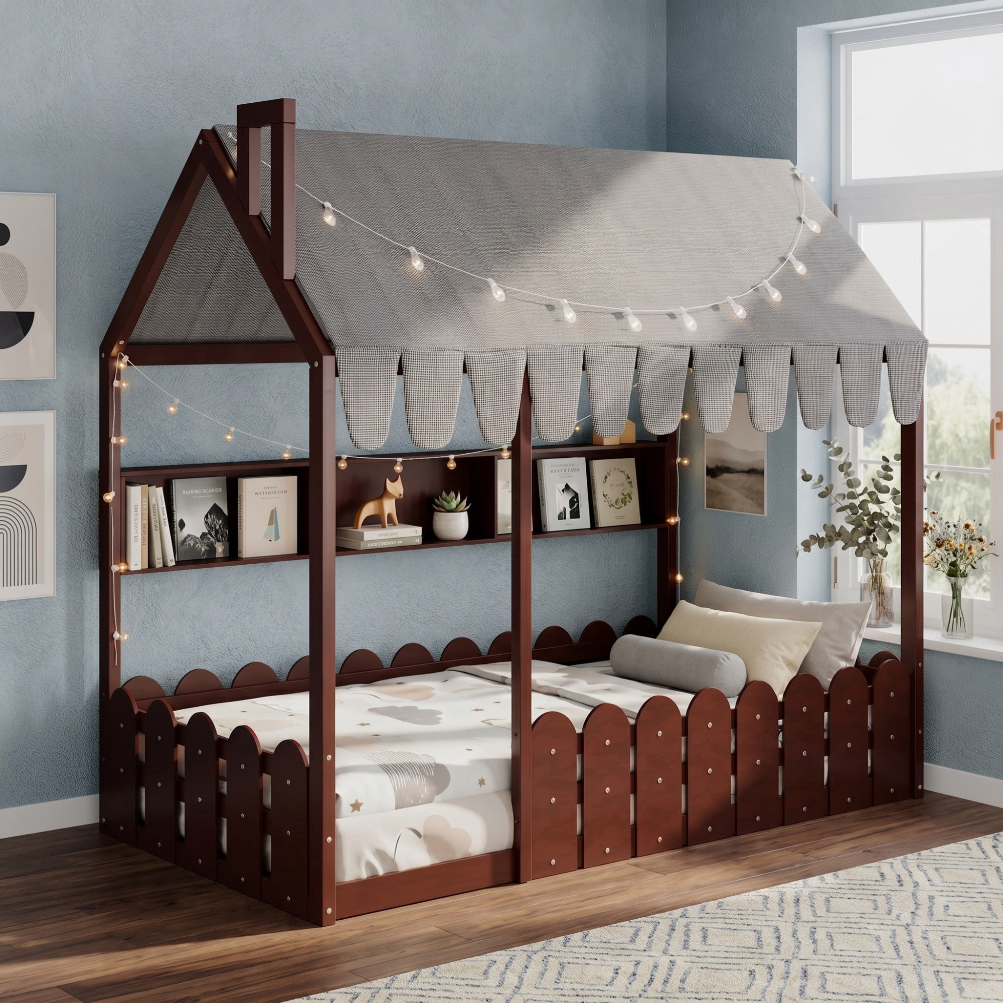 Sailvan Twin Size Montessori House Bed for Kids, Floor Bed with Fence Railings, Slats not included
