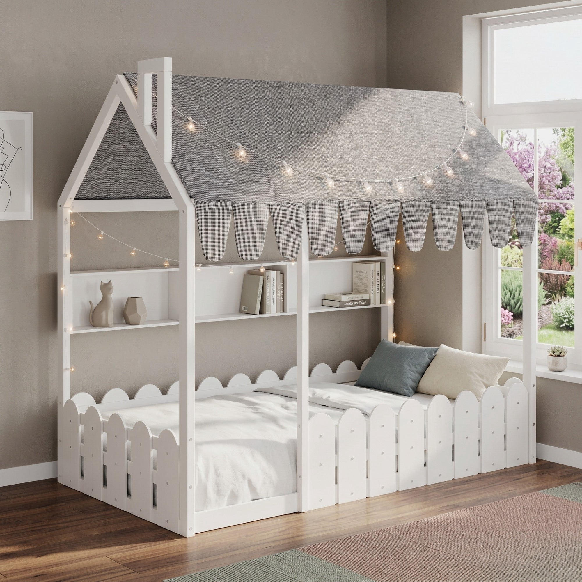 Sailvan Twin Size Montessori House Bed for Kids, Floor Bed with Fence Railings, Slats not included