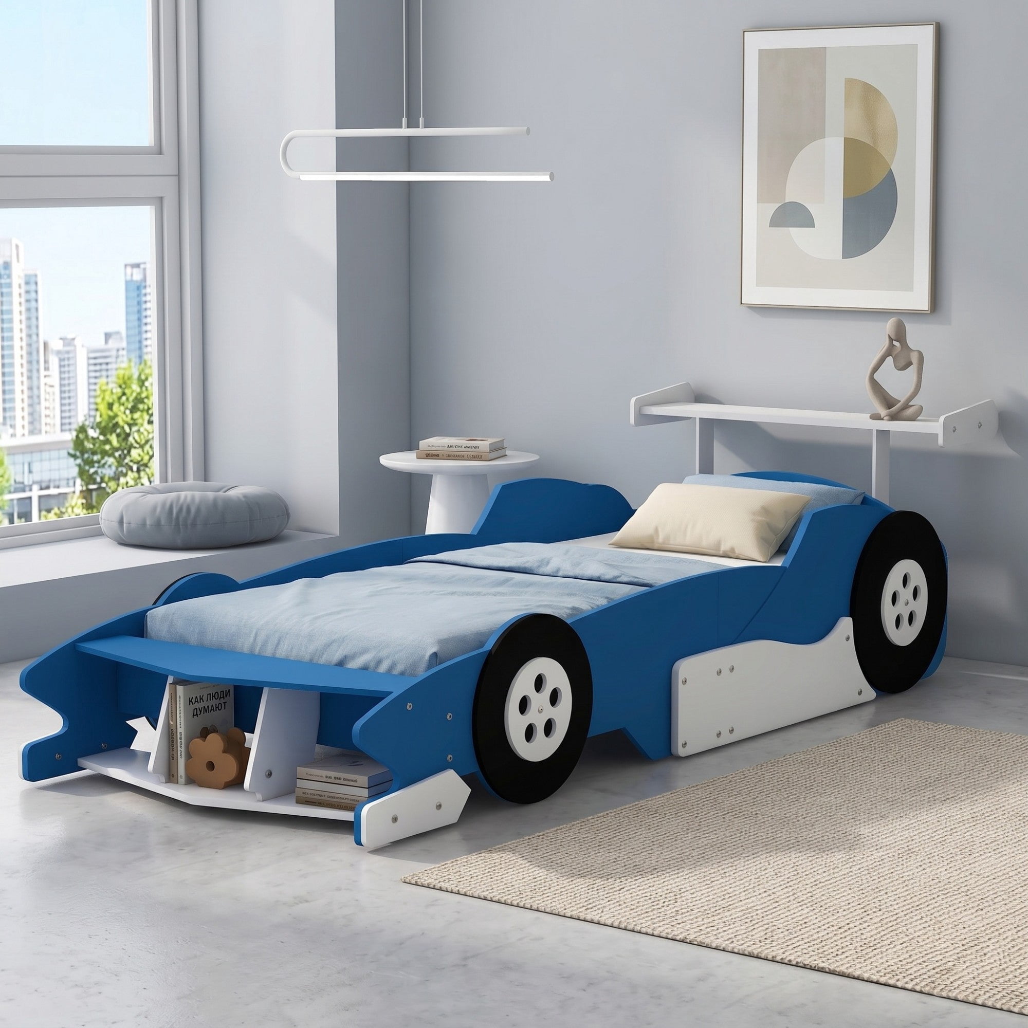 Sailvan Twin Size Race Car-Shaped Platform Bed with Wheels