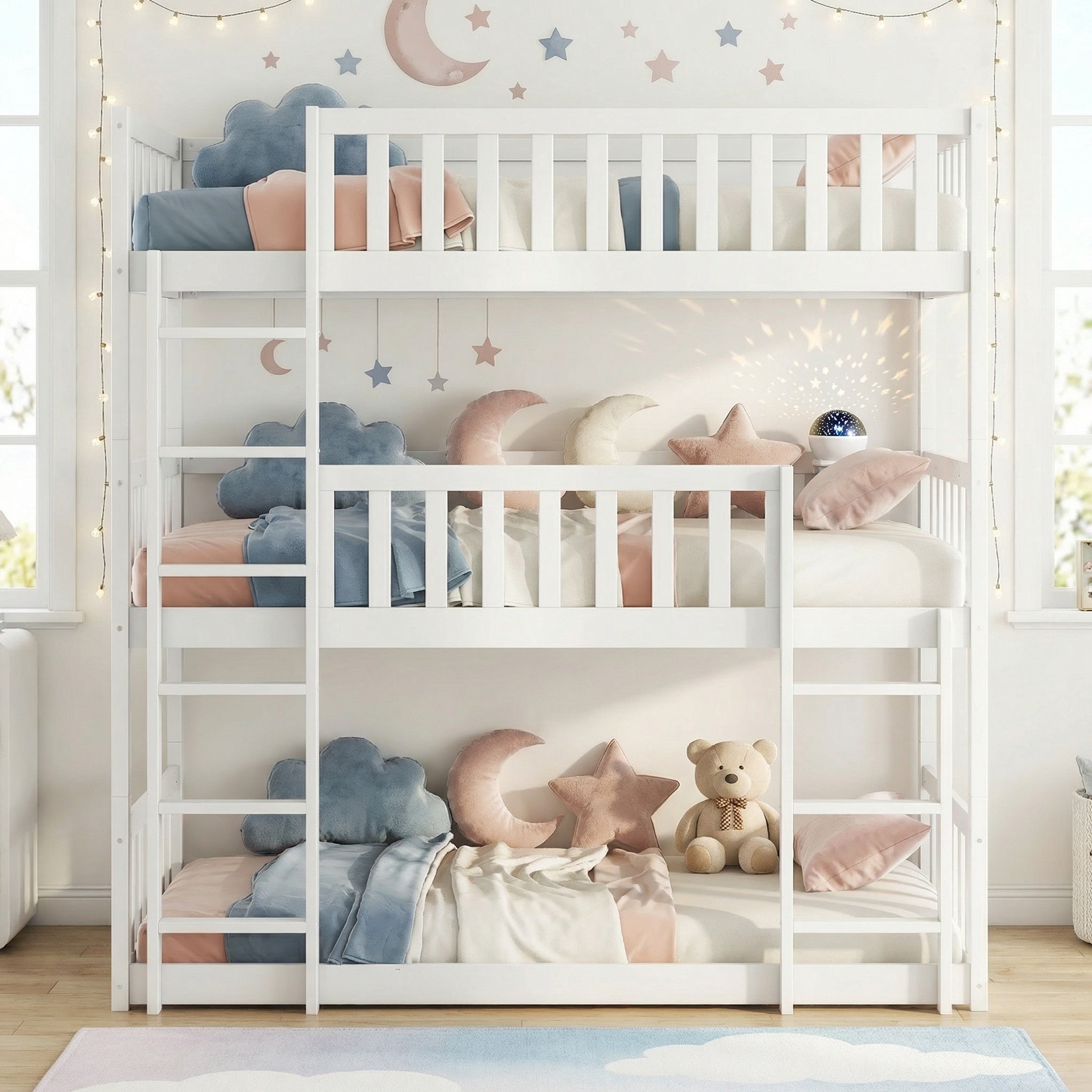 Sailvan Twin Size Triple Bunk Bed, with Ladders Guardrails,Detachable Bunk Bed, Twin over Twin over Twin,Rubber Wood