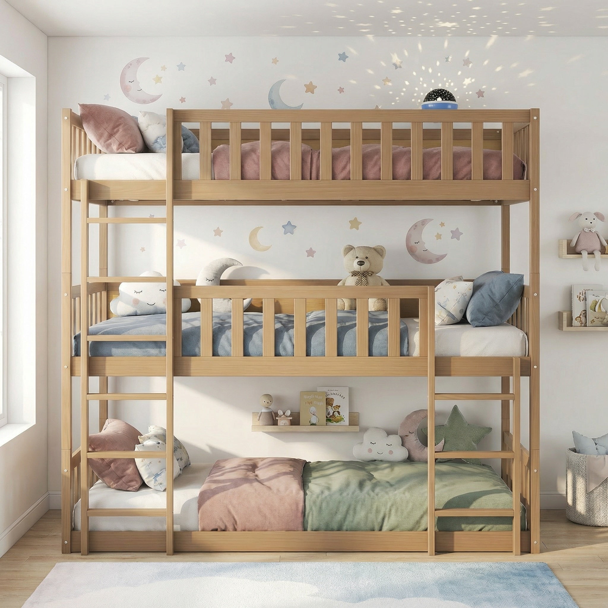 Sailvan Twin Size Triple Bunk Bed, with Ladders Guardrails,Detachable Bunk Bed, Twin over Twin over Twin,Rubber Wood