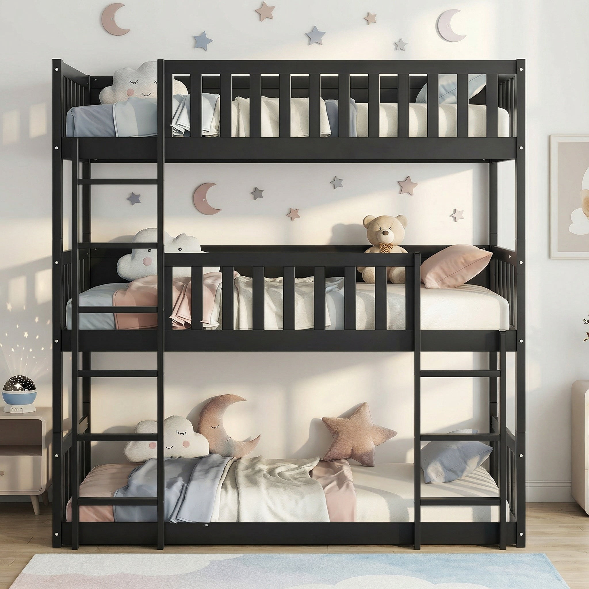 Sailvan Twin Size Triple Bunk Bed, with Ladders Guardrails,Detachable Bunk Bed, Twin over Twin over Twin,Rubber Wood