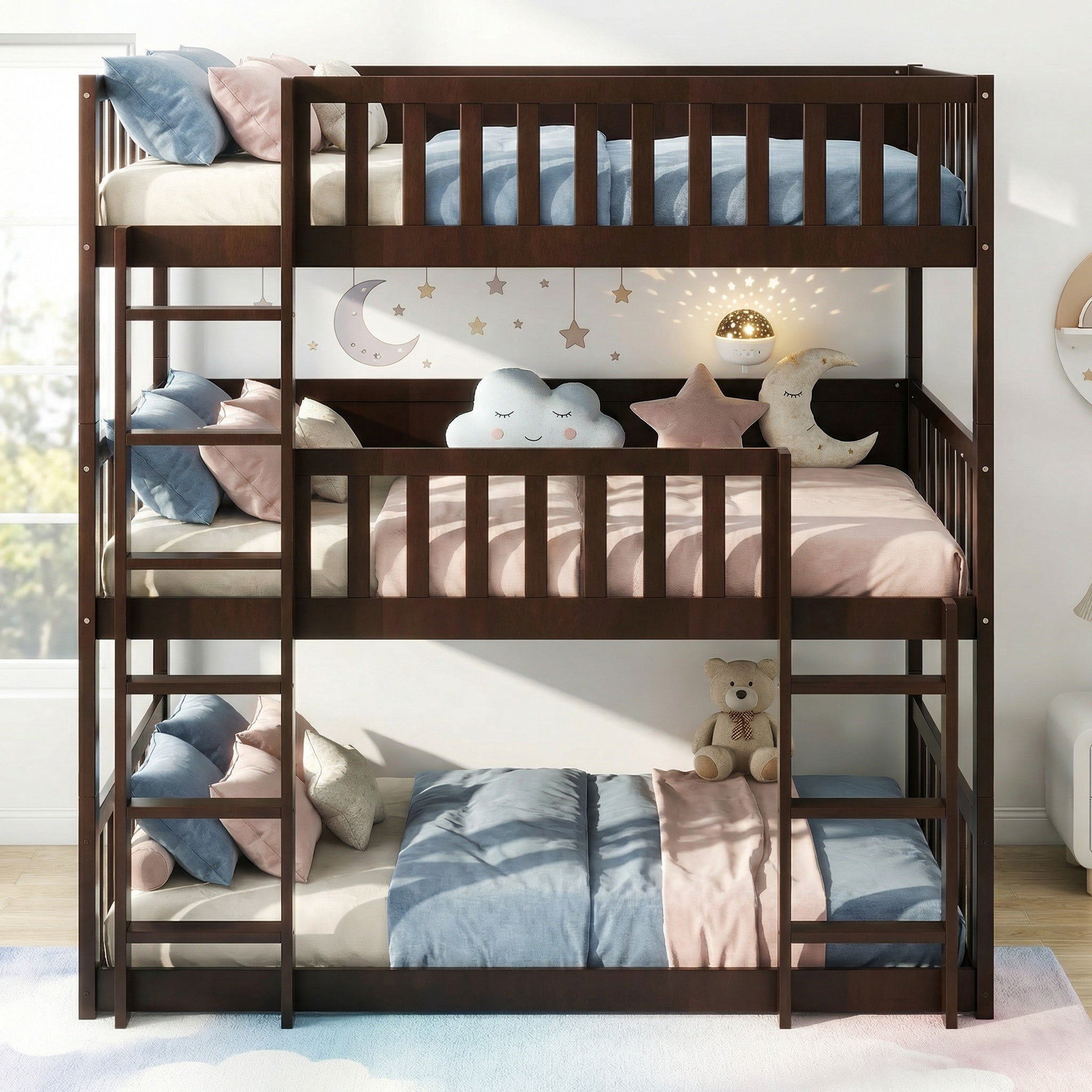 Sailvan Twin Size Triple Bunk Bed, with Ladders Guardrails,Detachable Bunk Bed, Twin over Twin over Twin,Rubber Wood