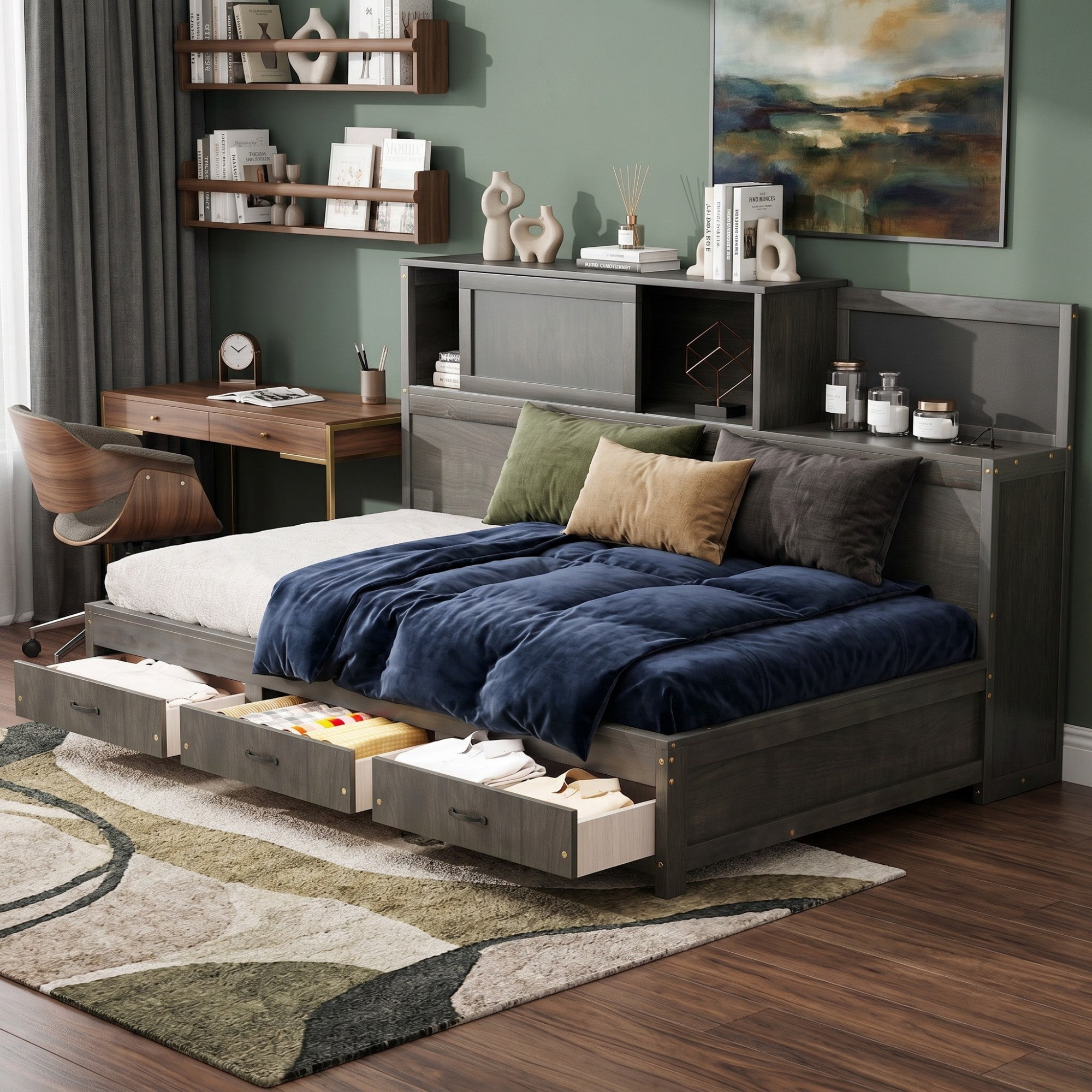 Sailvan Twin Size Wooden Daybed with 3 Storage Drawers, Upper Soft Board, Shelf, Set of Sockets