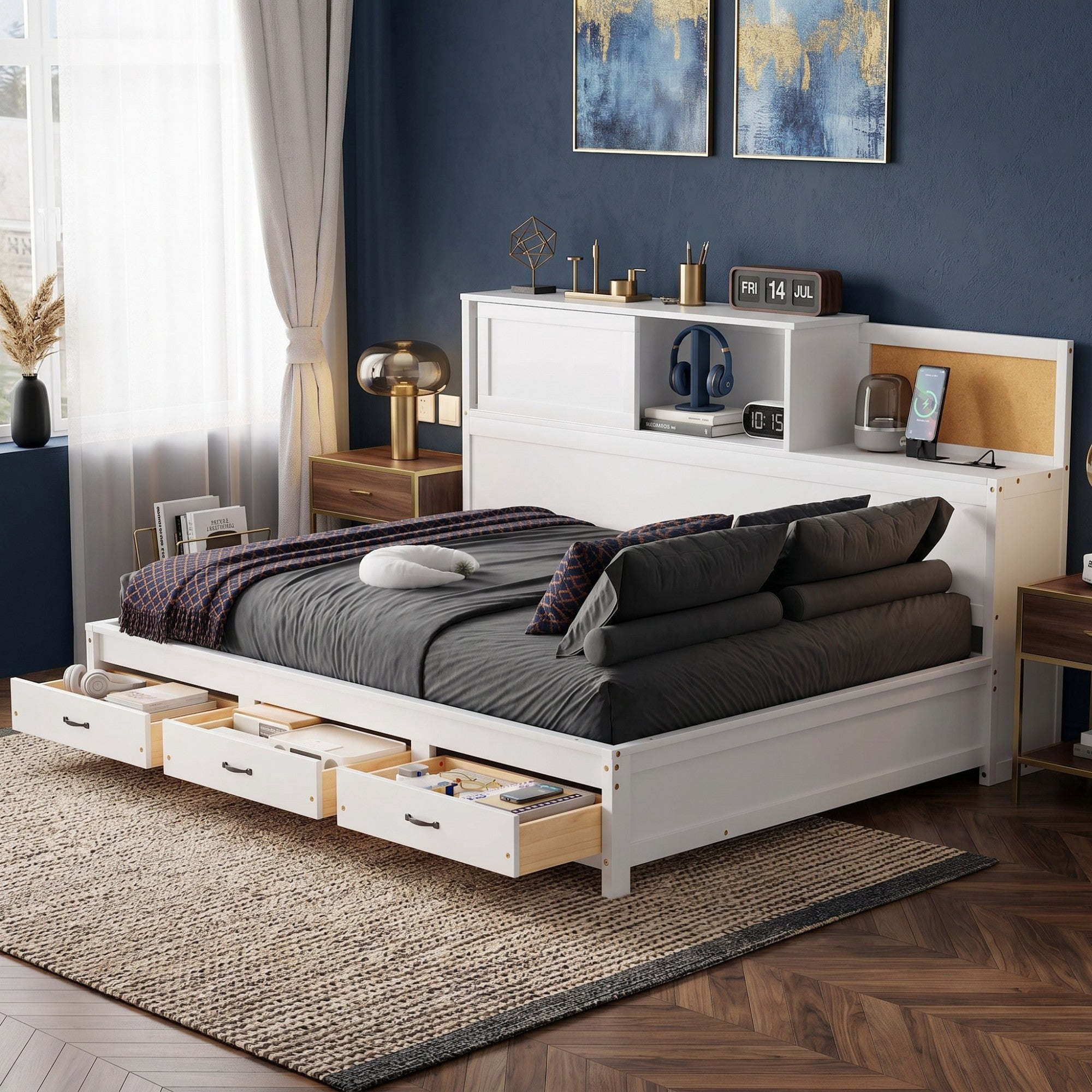Sailvan Twin Size Wooden Daybed with 3 Storage Drawers, Upper Soft Board, Shelf, Set of Sockets