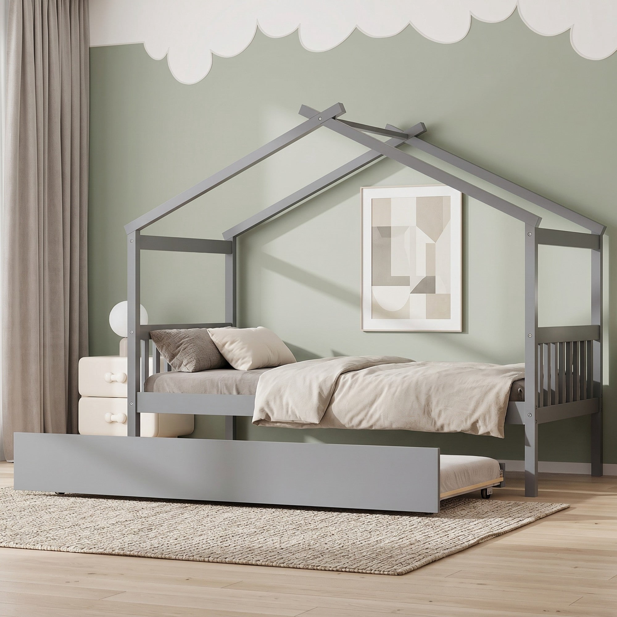 Sailvan Twin Size Wooden House Bed with Twin Size Trundle