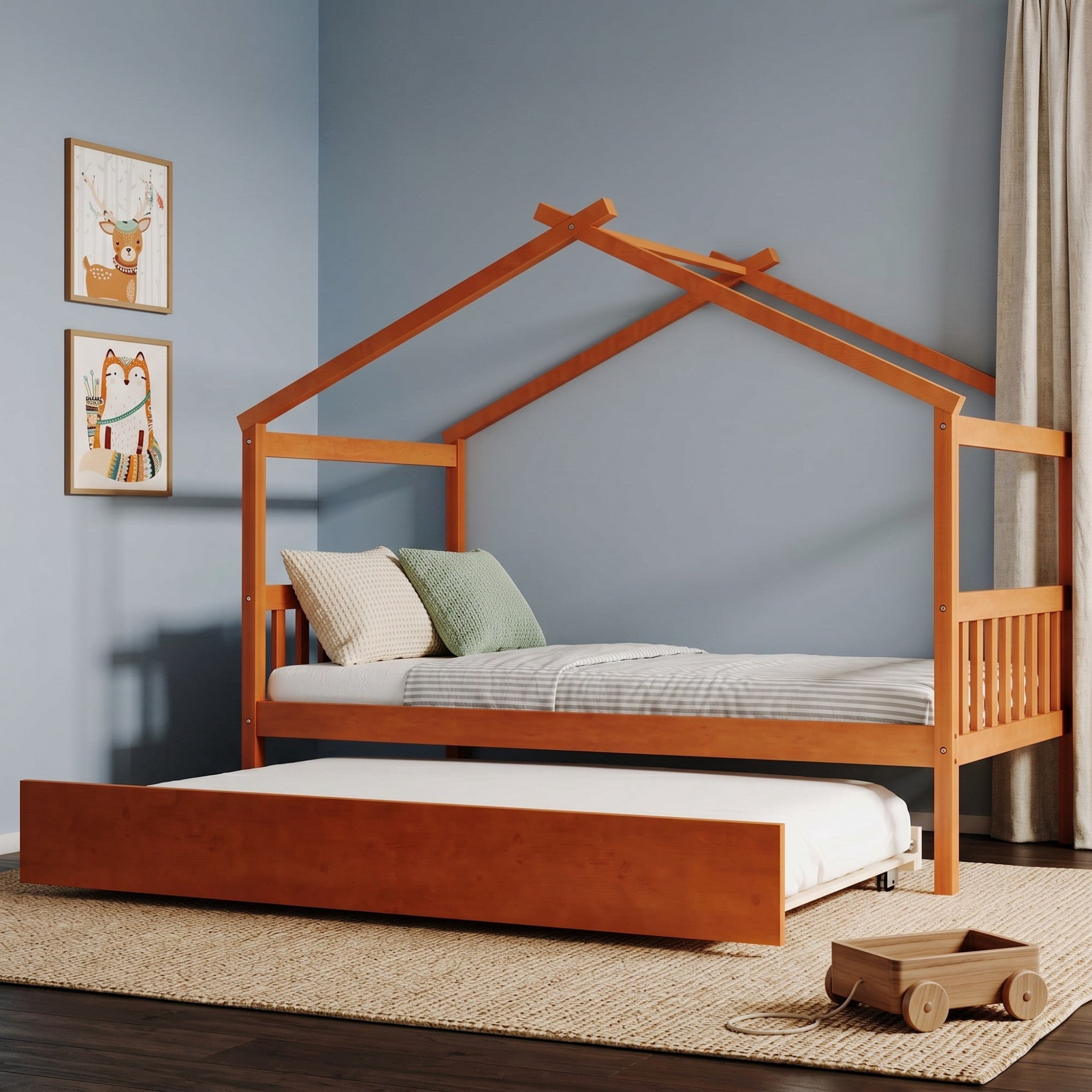 Sailvan Twin Size Wooden House Bed with Twin Size Trundle