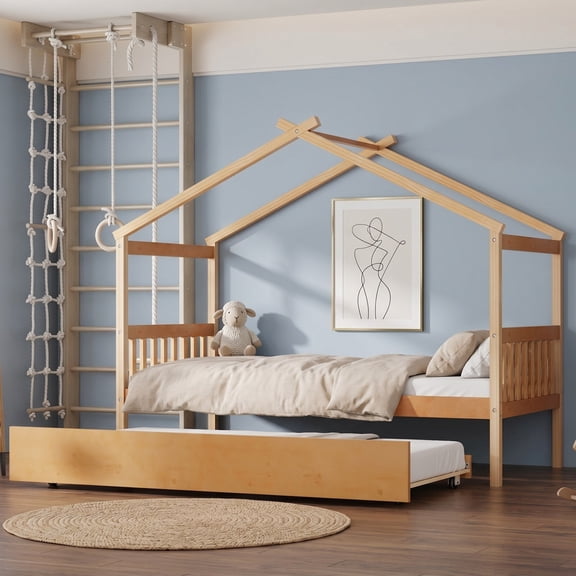 Sailvan Twin Size Wooden House Bed with Twin Size Trundle