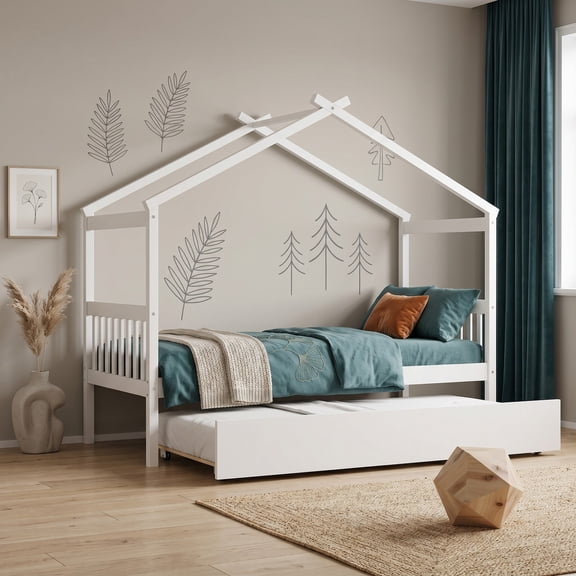Sailvan Twin Size Wooden House Bed with Twin Size Trundle