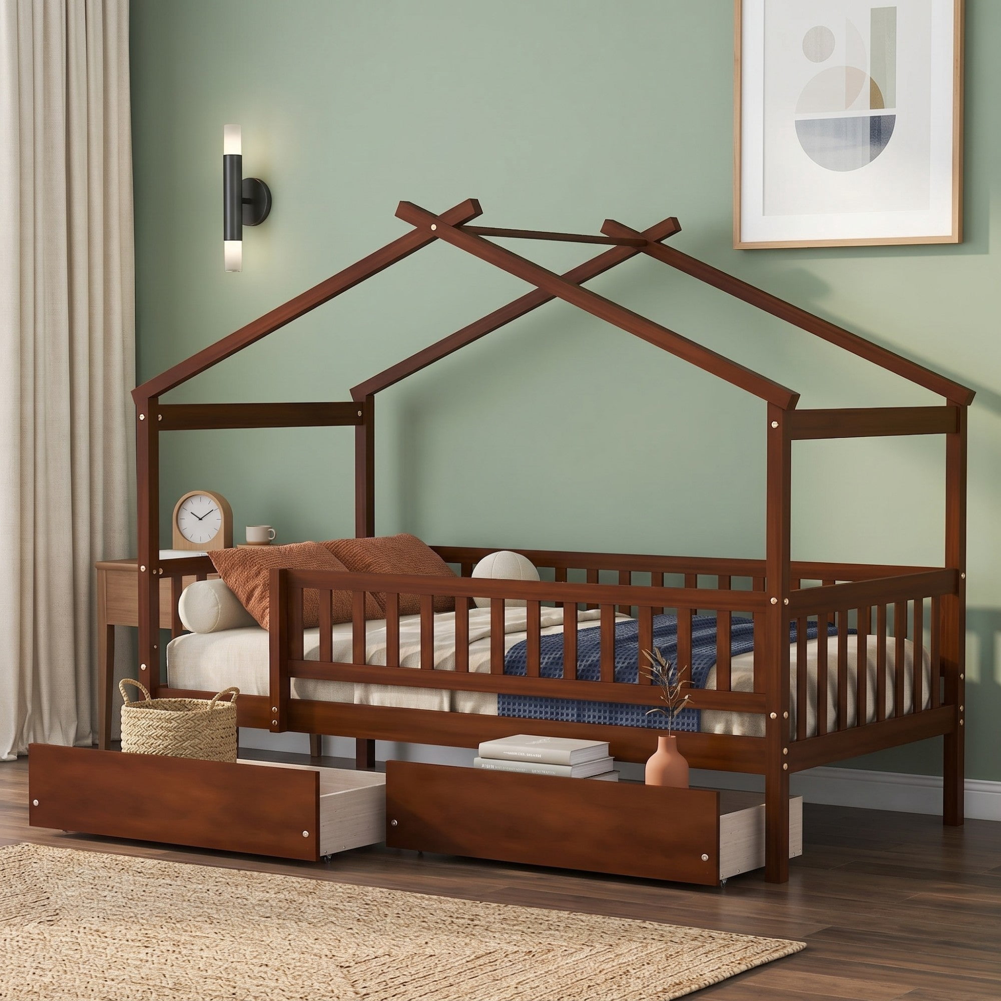 Sailvan Twin Size Wooden House Bed with Two Drawers